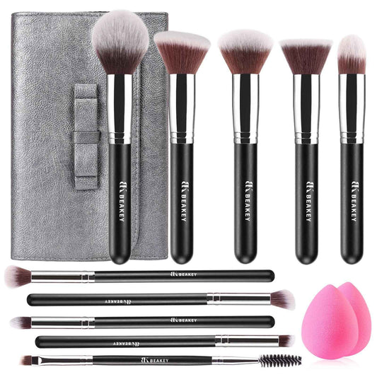 BEAKEY Makeup Brushes Set, Professional Foundation Eyeshadow Concealer Blush Powder Bronzer Applicator, 2 Blender Sponge with Beauty Paper Case stocking stuffers