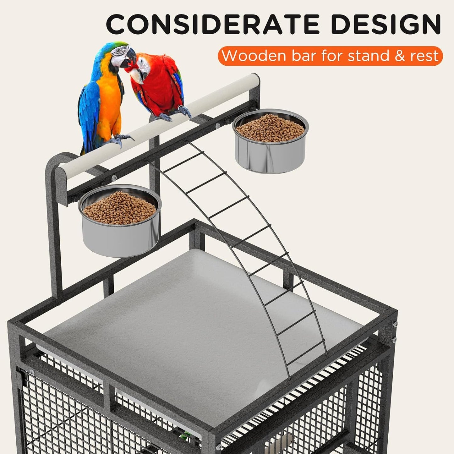 60 Inch Wrought Iron Large Bird Cage with Rolling Stand, Metal Parrot Cage with Play Top & 4 Stainless Steel Bowls for African Grey Cockatiel Sun Parakeet Green Cheek Conure Lovebird Budgie, Black
