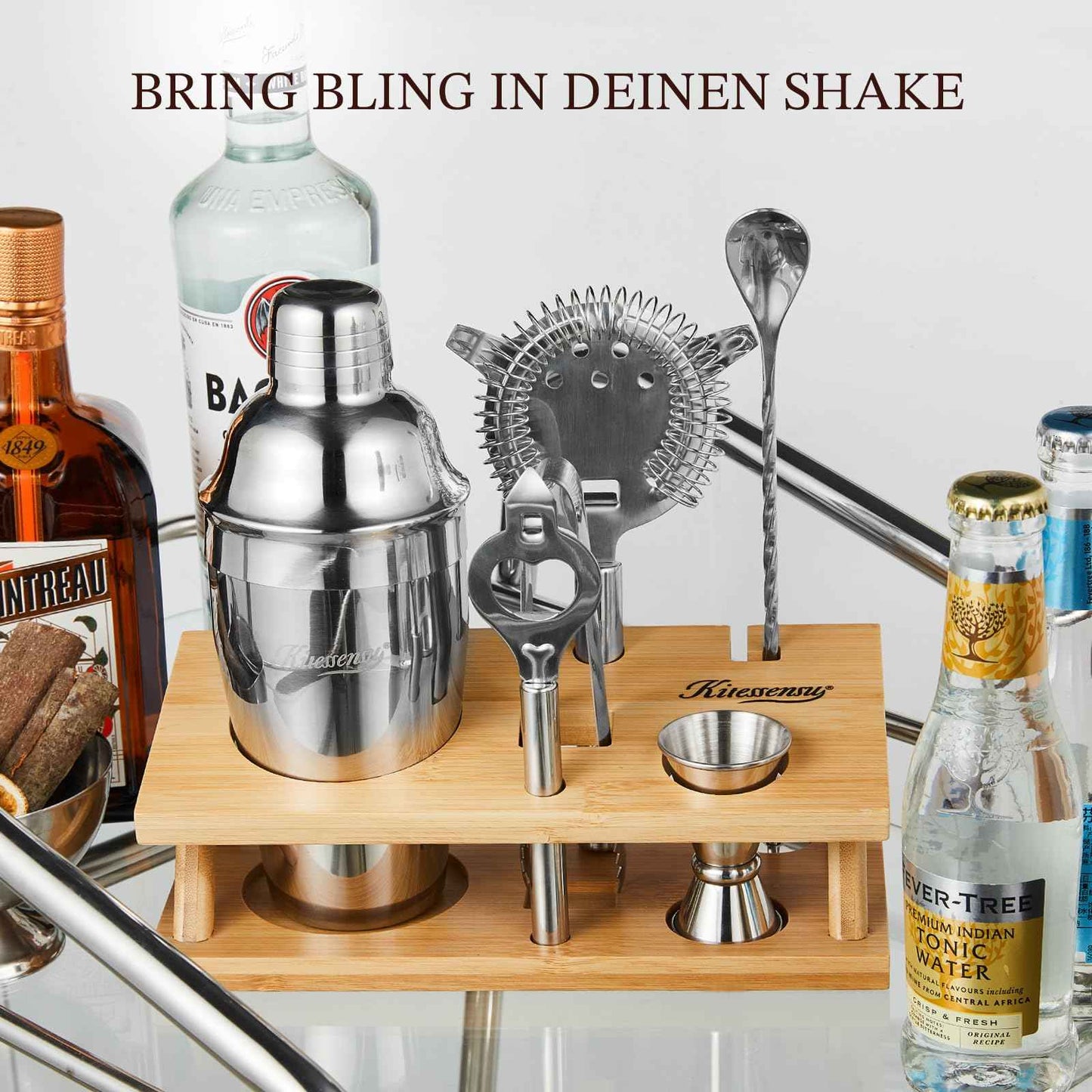 KITESSENSU Cocktail Shaker Set Bartender Kit with Stand | Bar Set Drink Mixer Set with All Essential Accessory Tools: Martini Shaker, Jigger, Strainer, Mixer Spoon, Muddler, Liquor Pourers |Silver