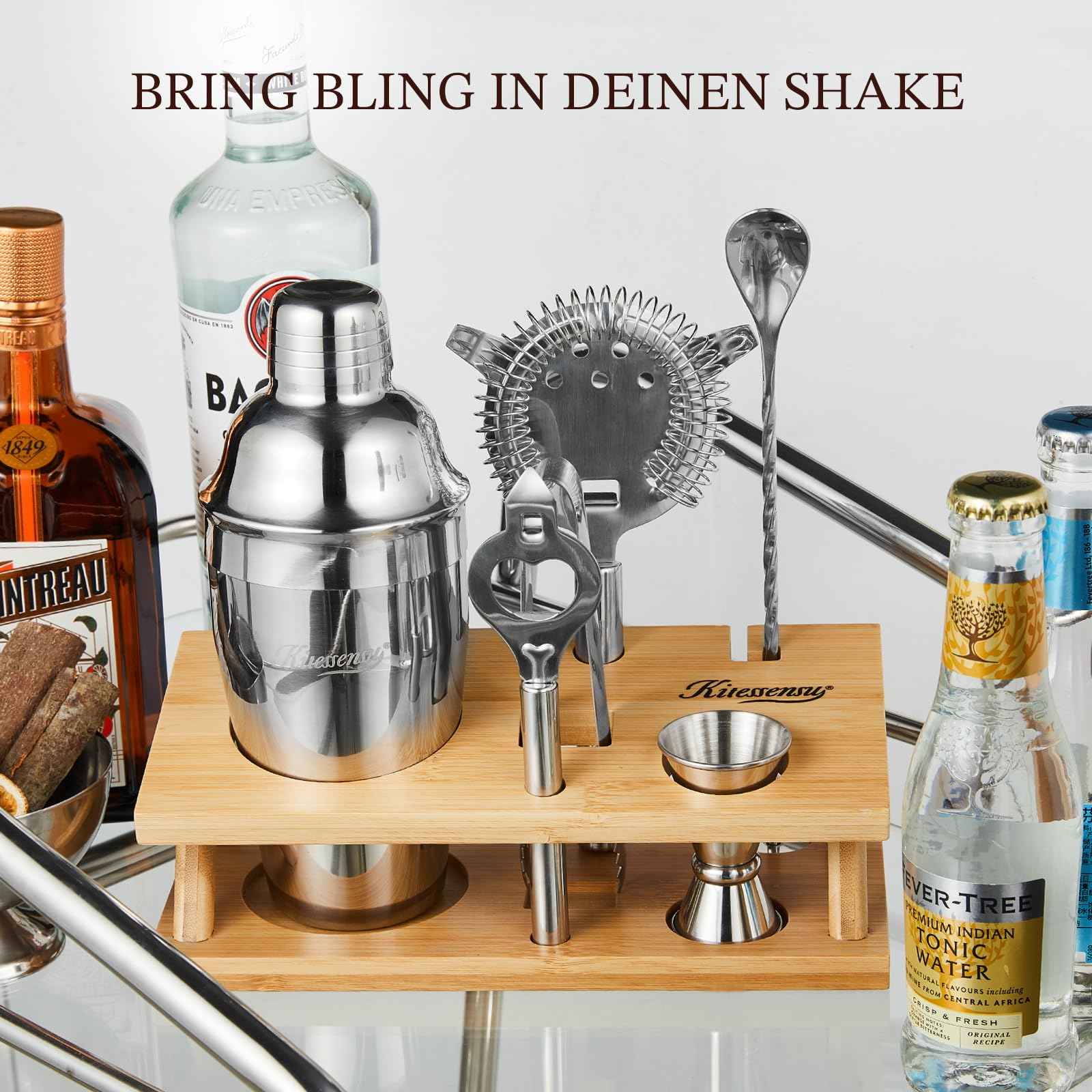 KITESSENSU Cocktail Shaker Set Bartender Kit with Stand | Bar Set Drink Mixer Set with All Essential Accessory Tools: Martini Shaker, Jigger, Strainer, Mixer Spoon, Muddler, Liquor Pourers |Silver