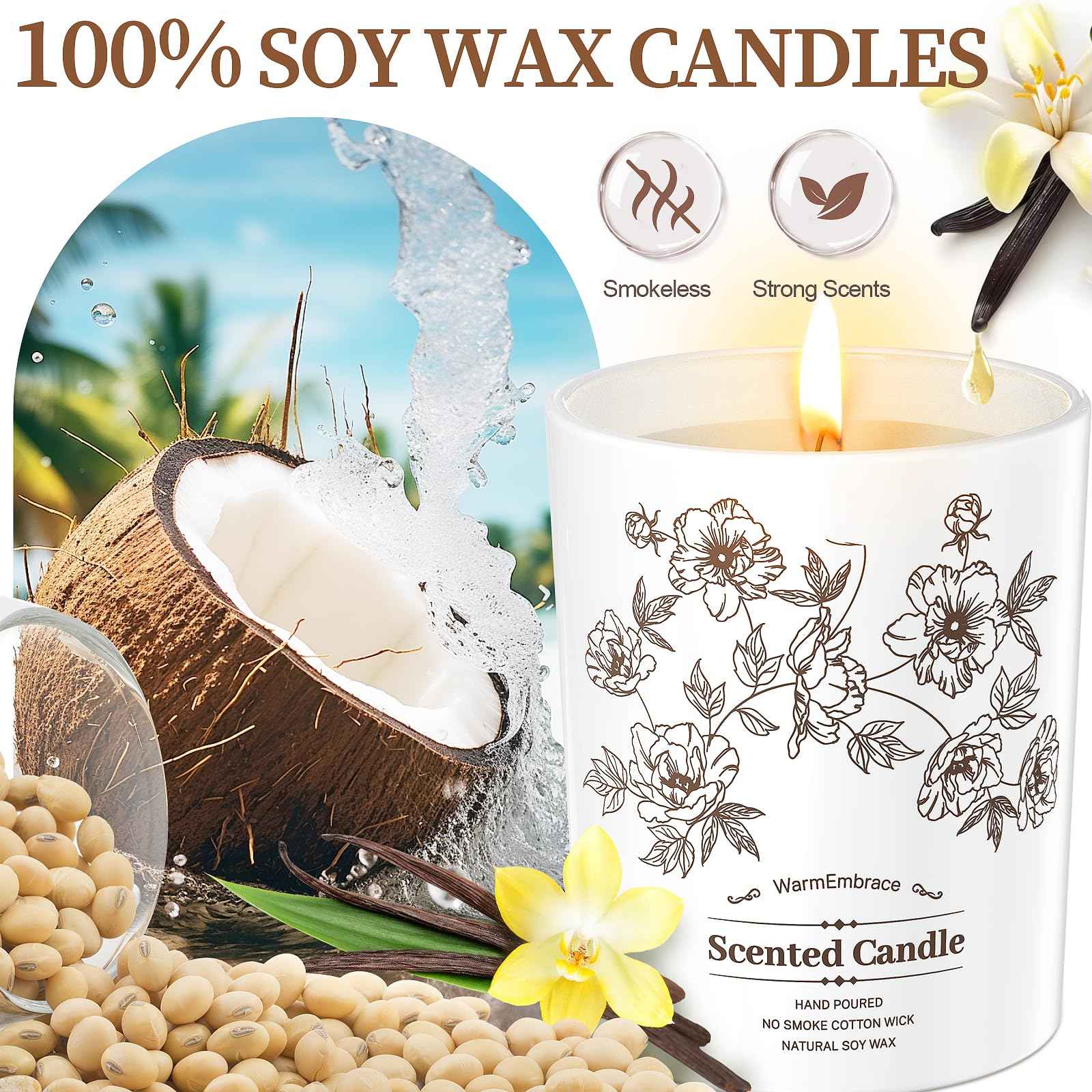 Deluxe Scented Candle for Women & Men, Vanilla Coconut Soy Wax Candle, 8 Oz Jar Candle for Home, Scented-60 Hours Long Lasting Burning, Suitable Gift for Mom