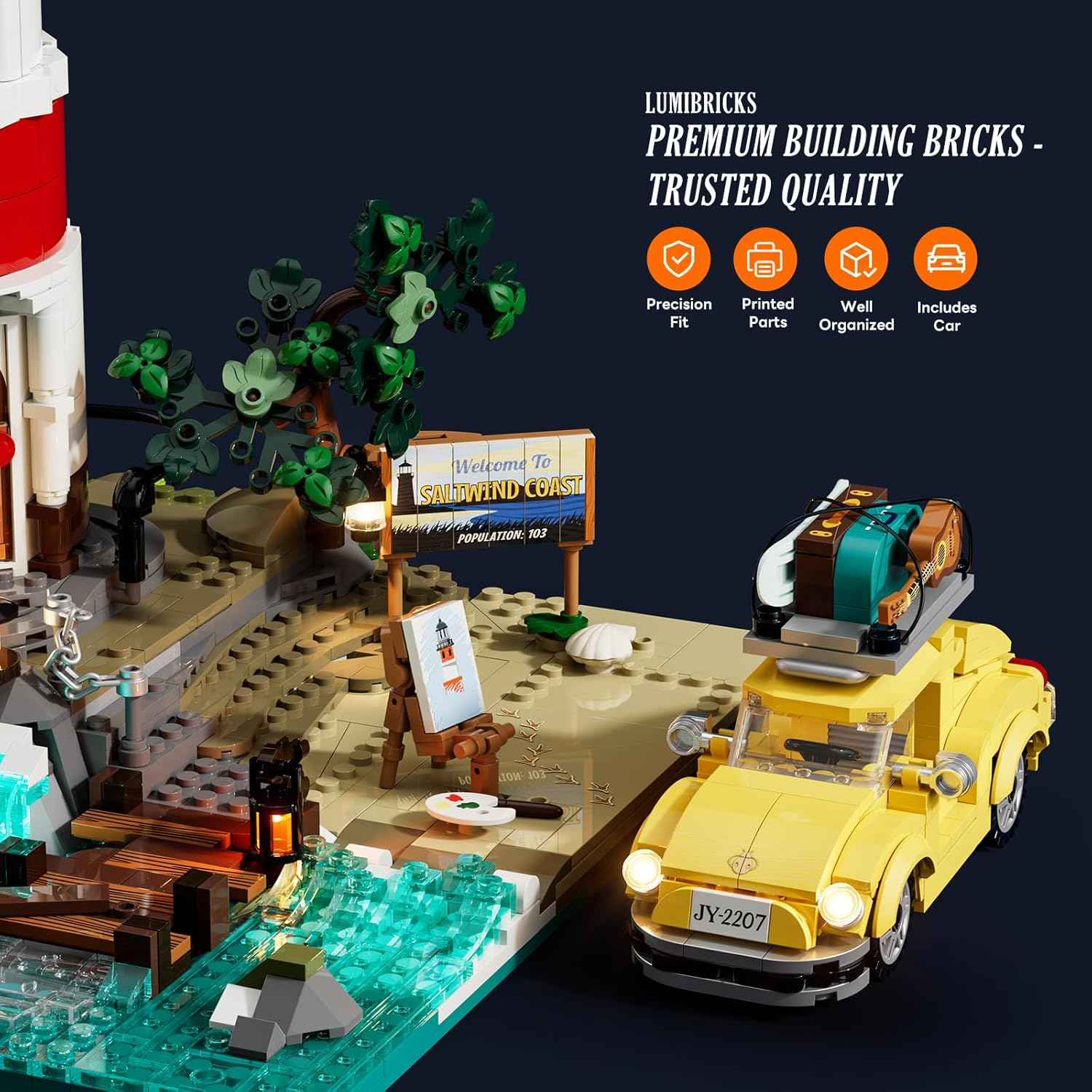 City Sunrise Lighthouse Lighting-Building-Bricks-Set - 1632 Pcs Road Trip Lighthouse Modular Collection LED Light Building Set for Adults and Travelling Enthusiasts