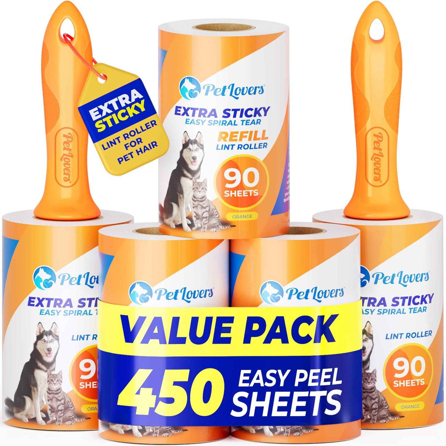 PetLovers Extra Sticky Lint Roller Mega Value Set 450 Sheets for Pet Hair Removal and Clothes, Dog and Cat Lint Remover 5 Pack