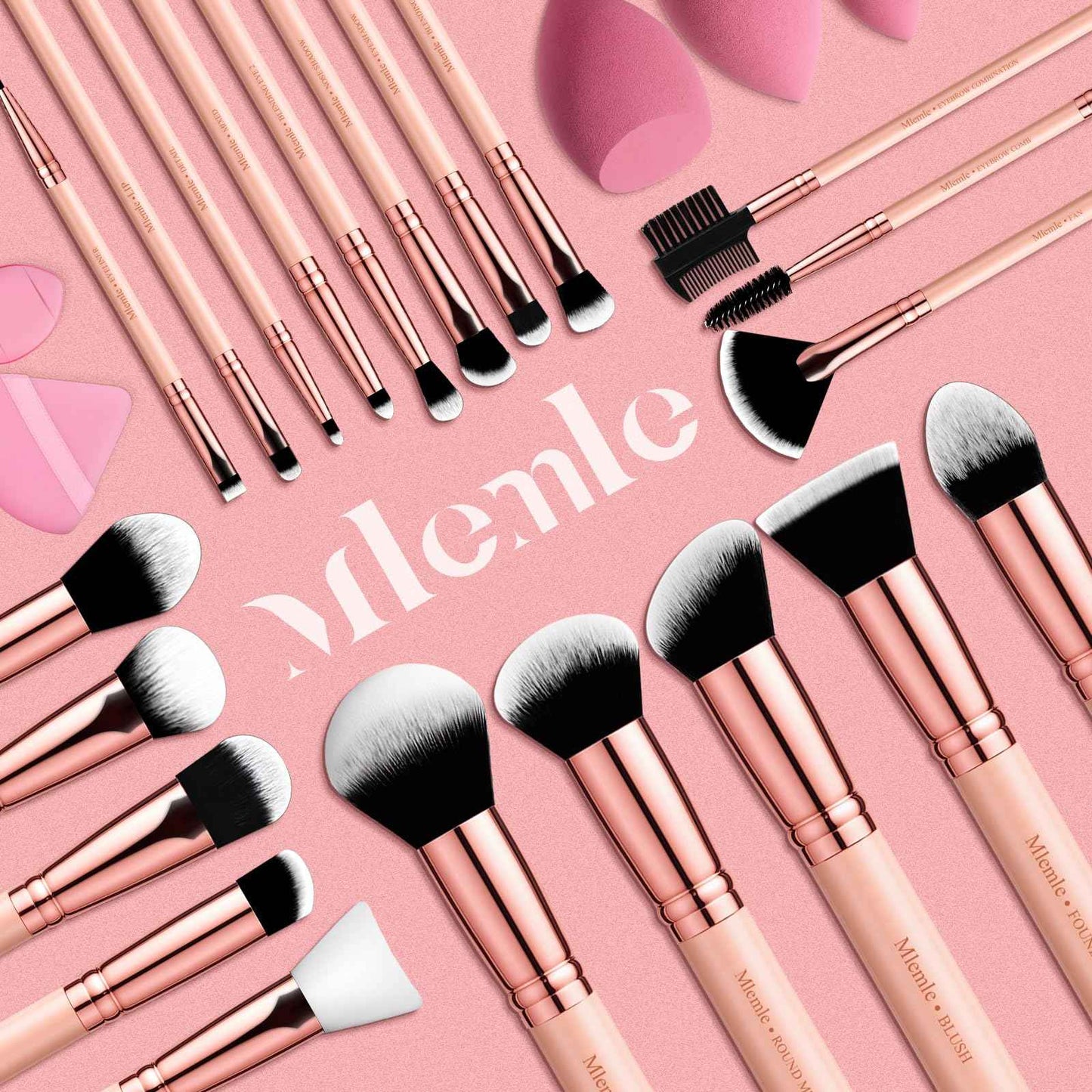 Makeup Brushes Set, Mlemle Professional 26 Pcs Makeup Kit, Include Powder Foundation Concealers Blush Eye shadows Eyebrow 21 Pcs Makeup Brushes and 2 Powder Puff, 3 Makeup Sponge(A01-Pink)