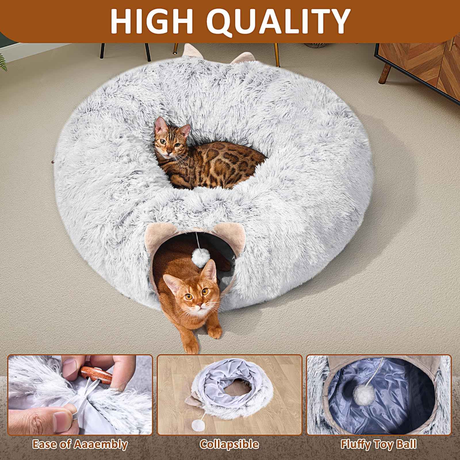Cat Tunnel with Cat Bed for Indoor Cats, Under Christmas Tree Soft Plush Peekaboo Cat Cave Donut Tunnel, Multifunctional Playground Toys Hideplace for Kittens, Rabbit, Ferret (Grey)