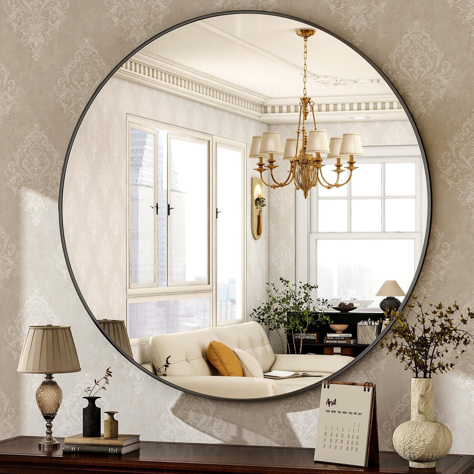 HARRITPURE Round Mirror 30 Black Wall Mounted Circle Mirrors Vanity Mirror with Brushed Aluminum Alloy Frame Modern Decoration for Bathroom, Living Room, Vanity, Bedroom, Entryway - Jlhbookstore.store