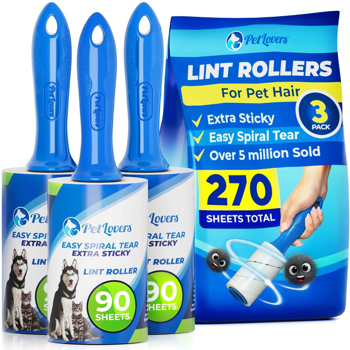 PetLovers Extra Sticky Lint Roller Mega Value Set 450 Sheets for Pet Hair Removal and Clothes, Dog and Cat Lint Remover 5 Pack