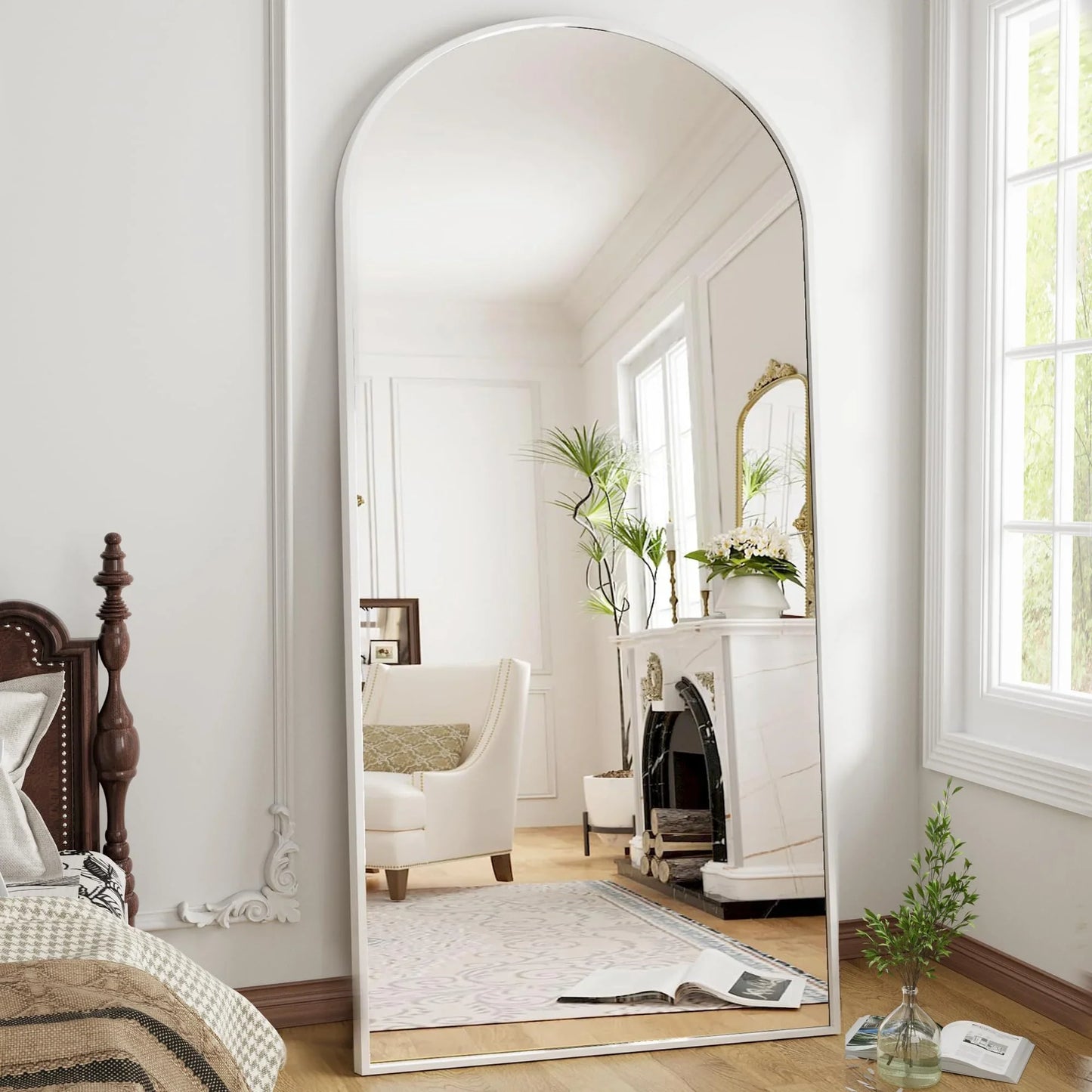 OGCAU Floor Full Length Mirror, 56"x20" Arched Full Body Mirror, Hanging or Leaning, Standing, Wall Mounted with Aluminum Frame for Bedroom Living Room, White - Jlhbookstore.store