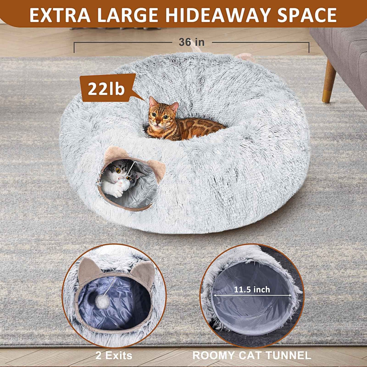Cat Tunnel with Cat Bed for Indoor Cats, Under Christmas Tree Soft Plush Peekaboo Cat Cave Donut Tunnel, Multifunctional Playground Toys Hideplace for Kittens, Rabbit, Ferret (Grey)