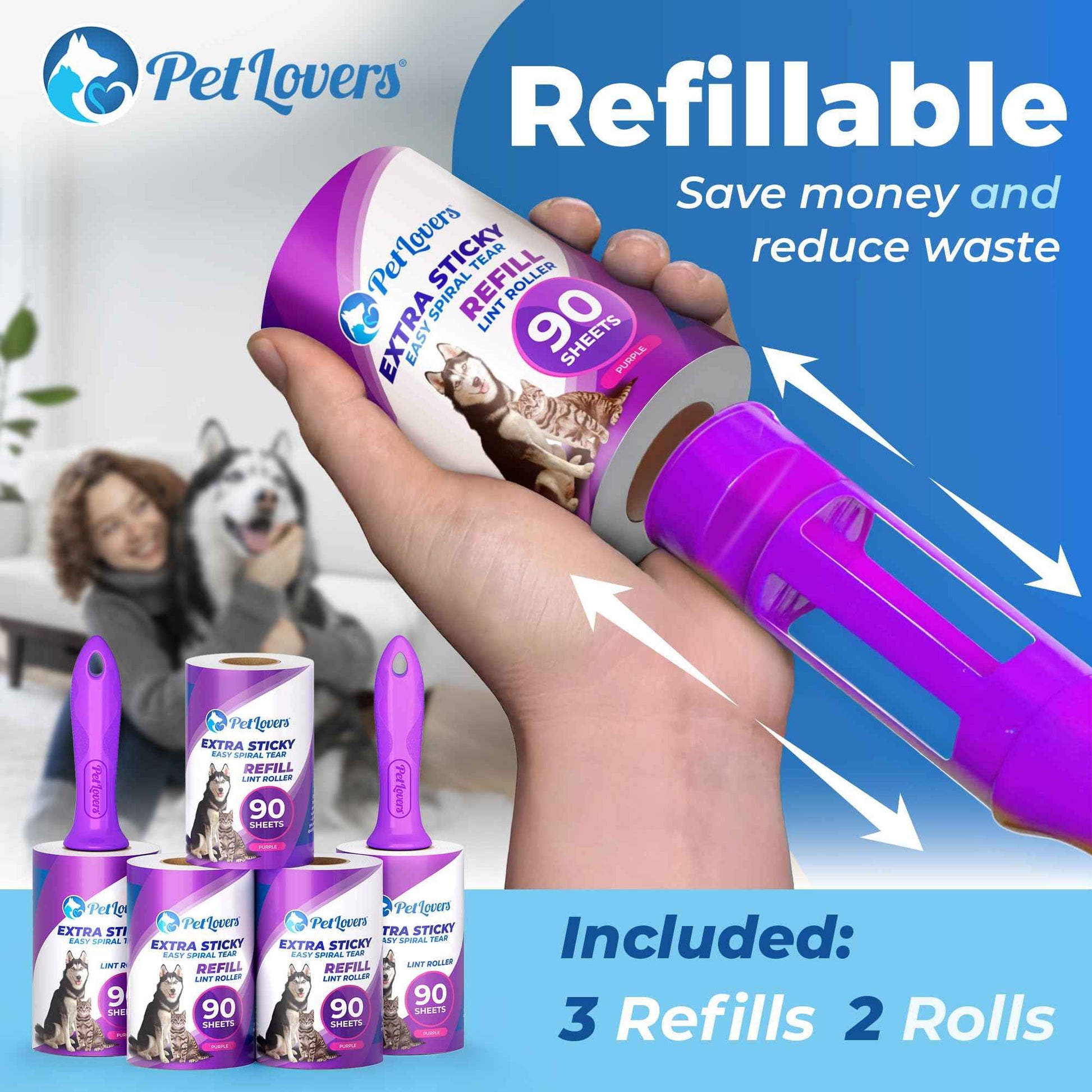 PetLovers Extra Sticky Lint Roller Mega Value Set 450 Sheets for Pet Hair Removal and Clothes, Dog and Cat Lint Remover 5 Pack