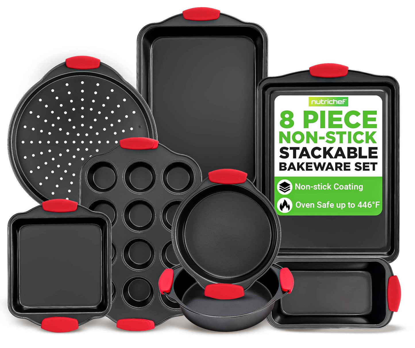 NutriChef 3-Piece Nonstick Kitchen Oven Baking Pans - Premium & Stylish Non-Stick Steel, Commercial Grade Restaurant Quality Metal Bakeware with Red Silicone Handles - Easy to Clean, NCSBS3S