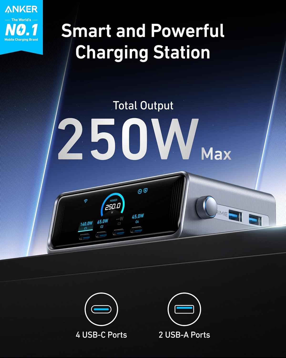 Anker Prime Charger, 250W GaN Prime USB C Charging Station, Ultra-Fast 6-Port, 2.26" LCD Display and Smart Control Dial, Compatible with MacBook Pro/Air, iPhone 16/15/14, Galaxy, and More (Silver)