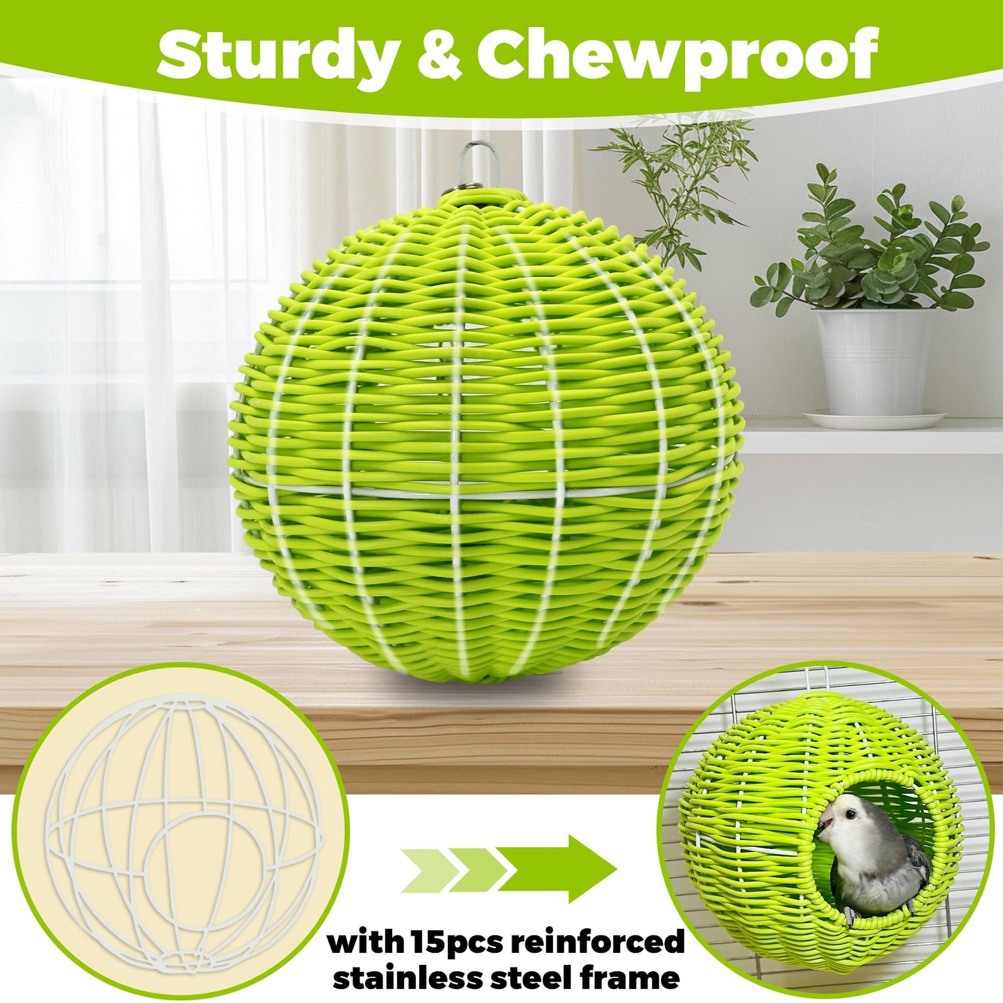 Chewproof Steel Frame Bird Nest for Cage, Washable Small Bird Bed Hammock Hideout Lay Eggs Parakeet Nest Sleep, Parakeet Warm Bed House Hut for Lovebird, Canary, Budgie, Finch (Brown)