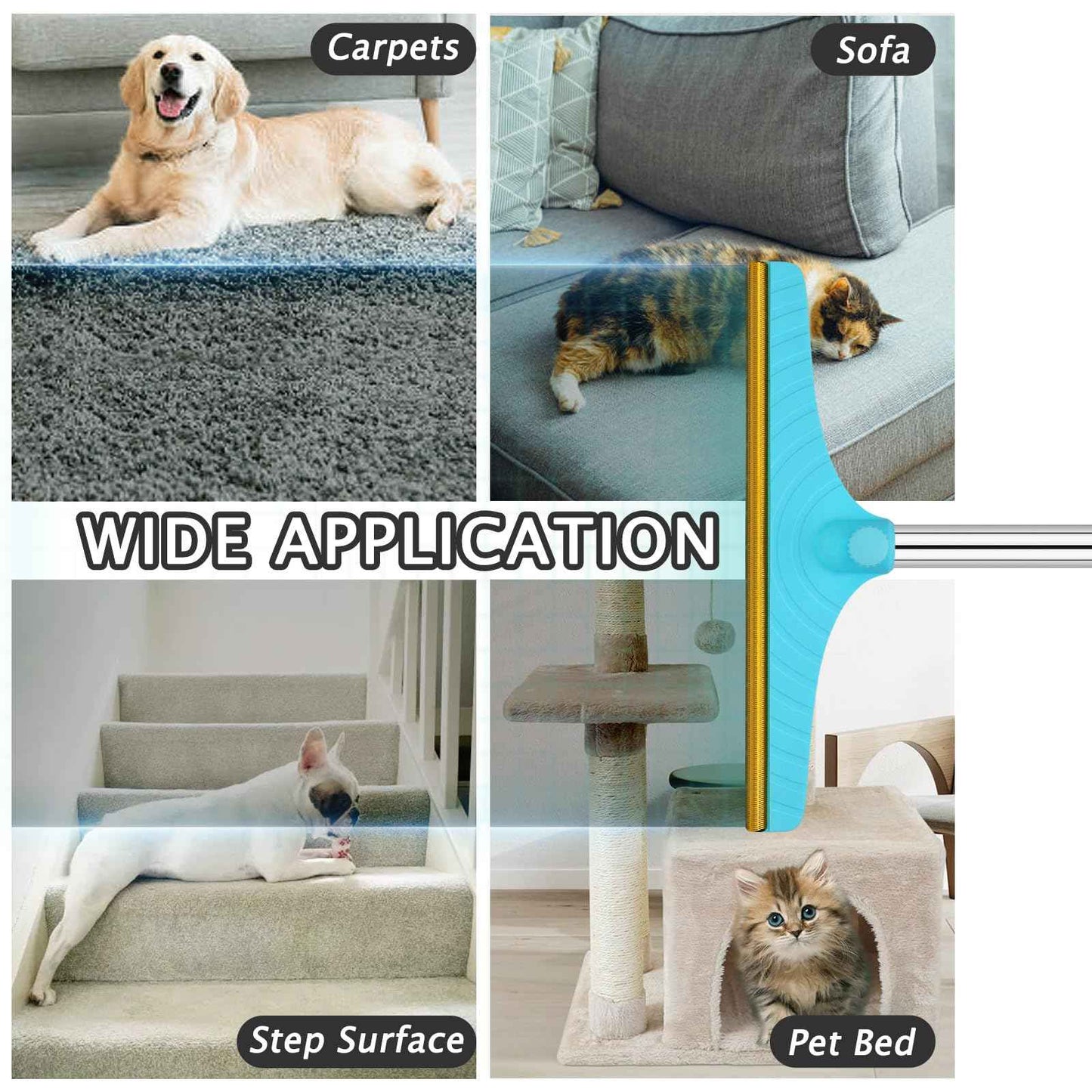 Carpet Rake for Pet Hair Removal - Reusable Pet Hair Remover, 60” Adjustable Long Handle Cat Dog Carpet Rake Scraper with Patented Design, Dog Hair Rake Brush for Rugs, Mats