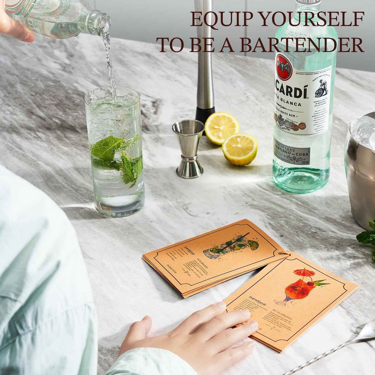 KITESSENSU Cocktail Shaker Set Bartender Kit with Stand | Bar Set Drink Mixer Set with All Essential Accessory Tools: Martini Shaker, Jigger, Strainer, Mixer Spoon, Muddler, Liquor Pourers |Silver