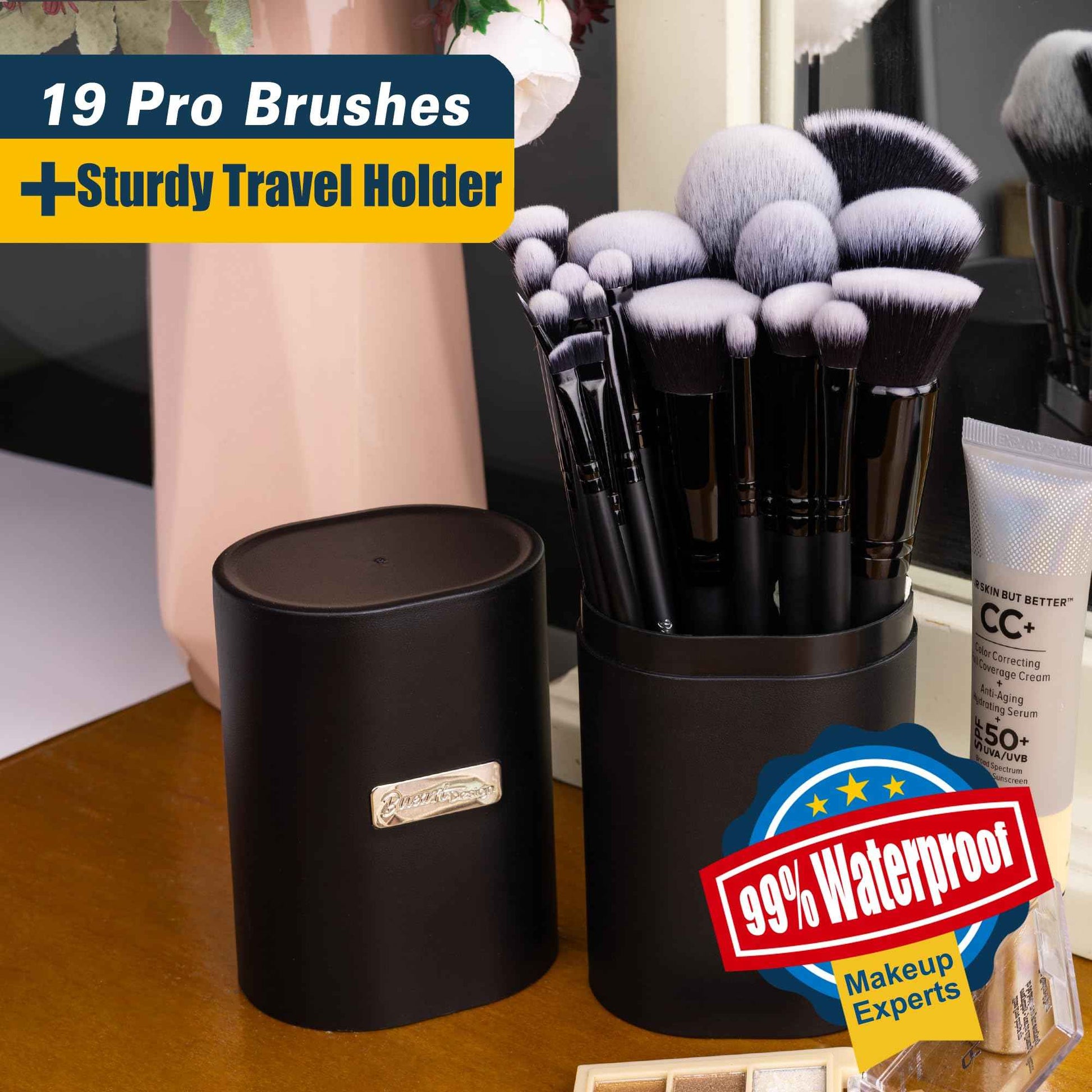 Bueart Design 19Pcs ULTRA SOFT Black labeled DENSE HAIR Makeup Brushes set Contains large powder Flat Foundation Ultimate Blending Make up Brush set Blush Face Brush Concealers contour Eyeshadow
