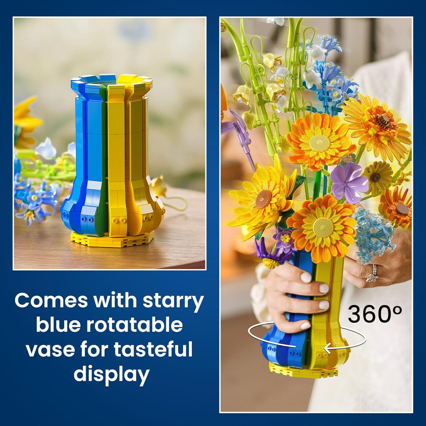 Sunflower Bouquet Building Set for Adults with Vase, Christmas Creative Gift for Women Mom Girlfriends Teens, Buildable Artificial Botanical Flower for Home Office Décor (1147 PCS)