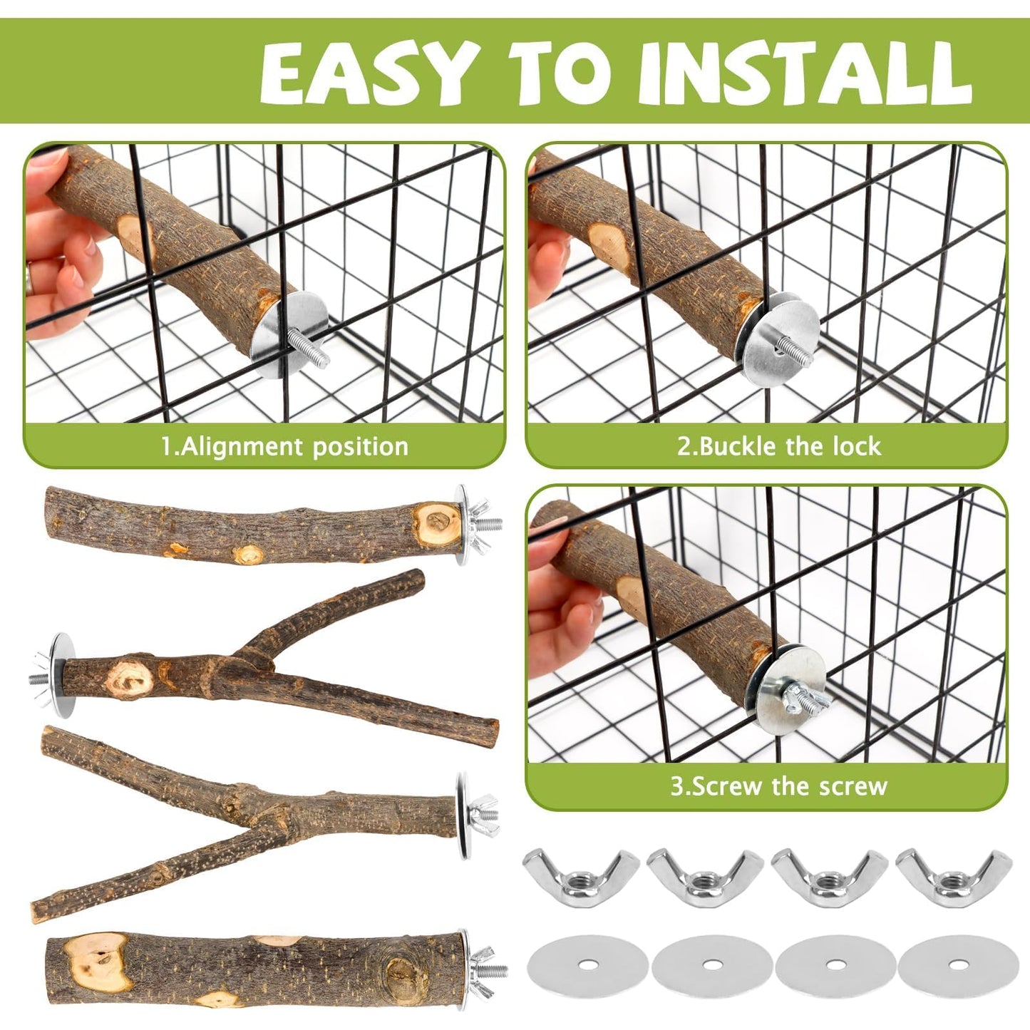 Natural Wood Bird Perches for Cage, Parrot Perch Stand & Platform, Bird Cage Accessories for Parakeets, Cockatiels, Conures, Lovebirds (Brown, Core Perch & Platform - 8PCS)