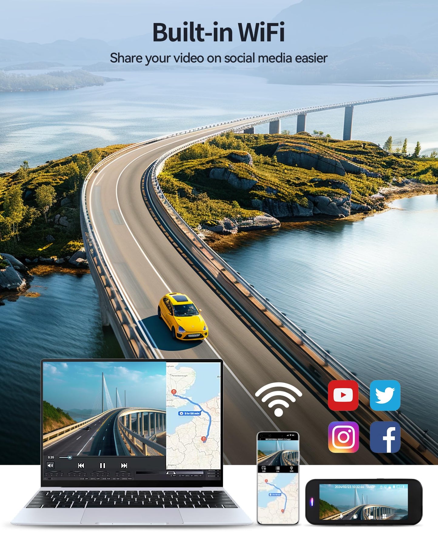 Dash Camera for Cars, 4K Full HD Dual Dash Cam Front and Rear with Wi-Fi, Included 32GB Card, 3.16” IPS Screen, Night Vision, 170°Wide Angle, WDR, 24H Parking Mode