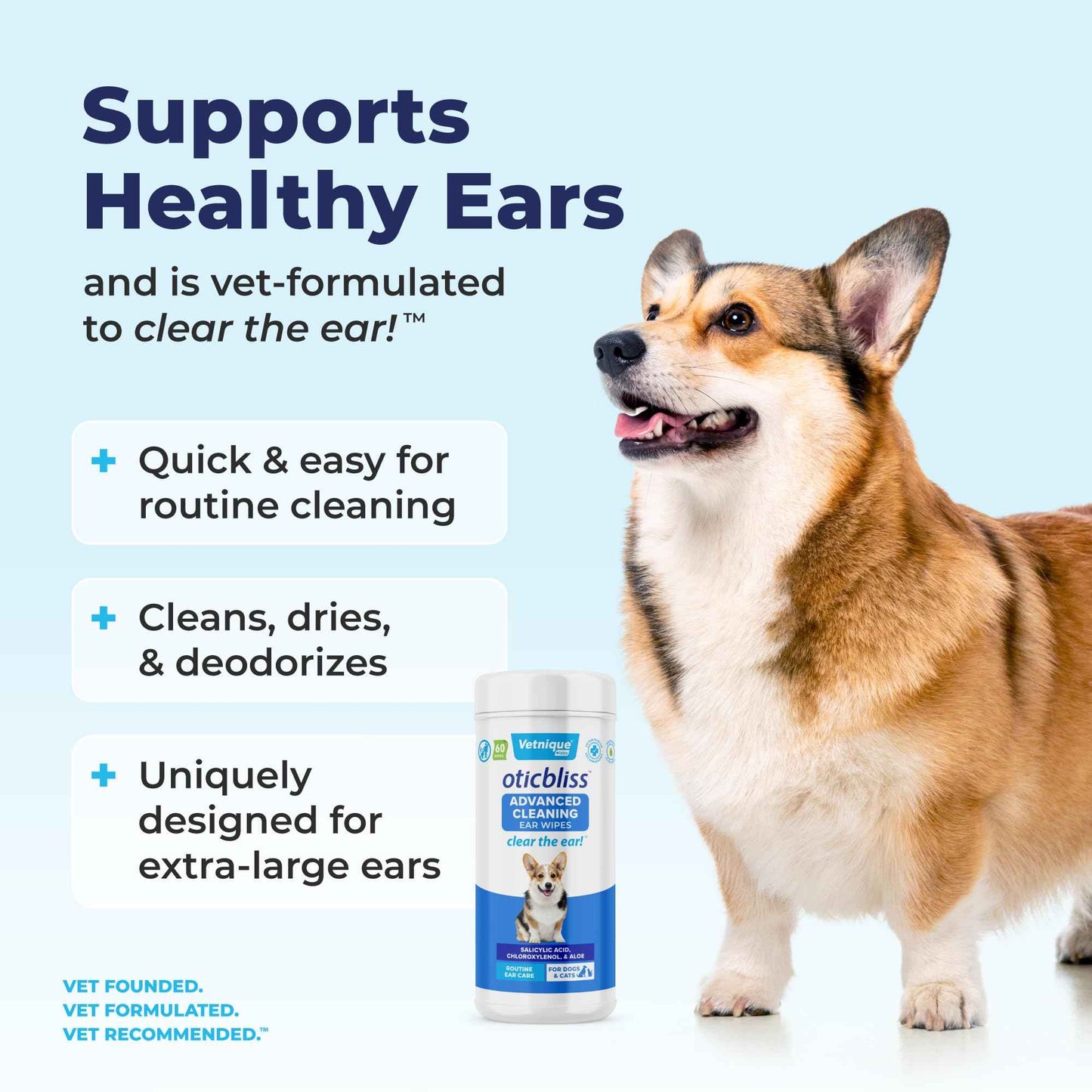 Vetnique Oticbliss Cat & Dog Ear Wipes - Dog Ear Infection Treatment or Dog Ear Cleaner Wipes for Dirty, Waxy, Smelly Dog Ears, Odor Control with Aloe Vera & Salicylic Acid (Finger Mitt Ear Wipes)