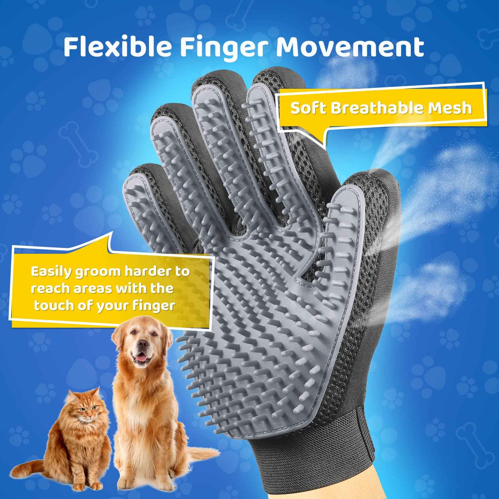 Upgrade Efficient Pet Hair Remover Gloves - Gentle Shedding Brushes for Dogs, Cats & Horses with Long and Short Hair - 1 Pair (Blue)