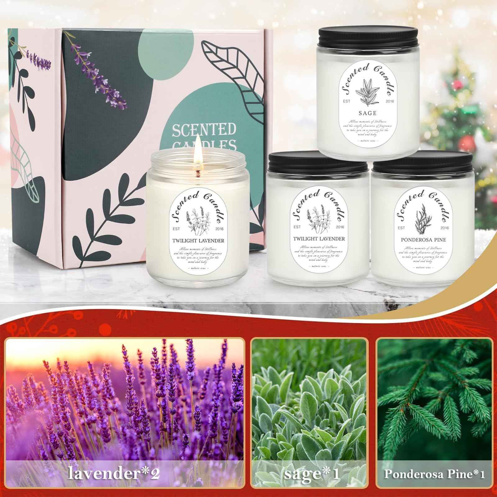 Lavender Candle Gift Set, 4 Pack Soy Wax Scented Candles for Home – Lavender, Sage & Ponderosa Pine – Aromatherapy Candles for Relaxation, Stress Relief & Christmas Gifts for Women