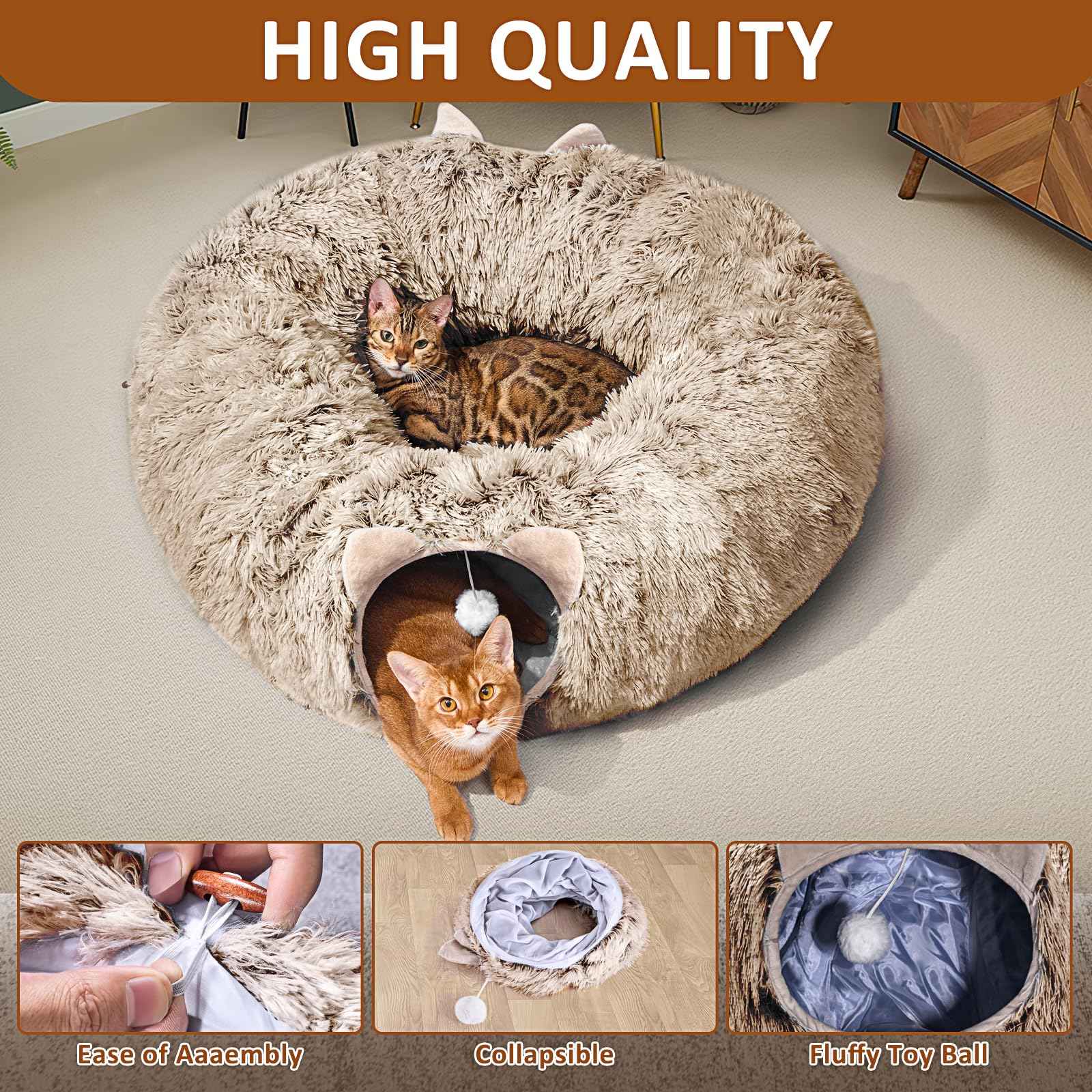 Cat Tunnel with Cat Bed for Indoor Cats, Under Christmas Tree Soft Plush Peekaboo Cat Cave Donut Tunnel, Multifunctional Playground Toys Hideplace for Kittens, Rabbit, Ferret (Grey)