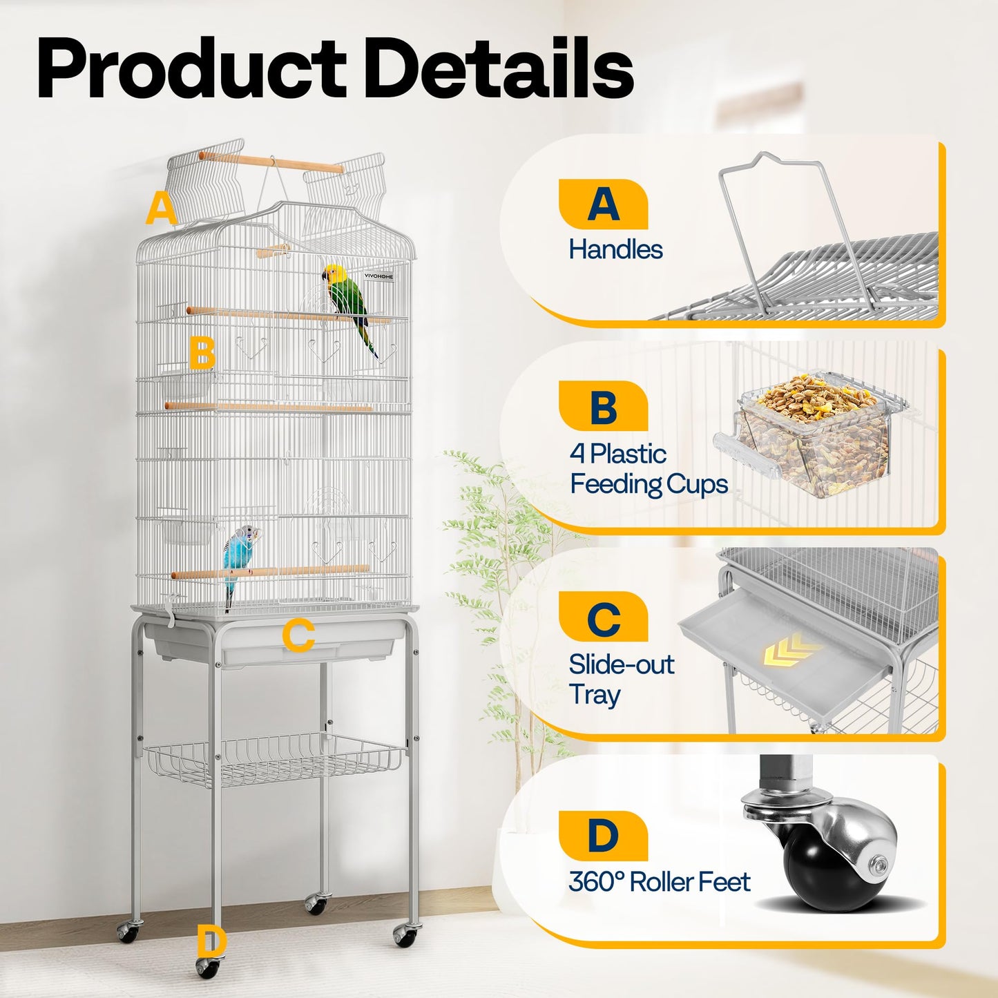 VIVOHOME 64 Inch Bird Cage with Play Top and Rolling Stand for Parrots Conures Lovebird Cockatiel Parakeets Gray