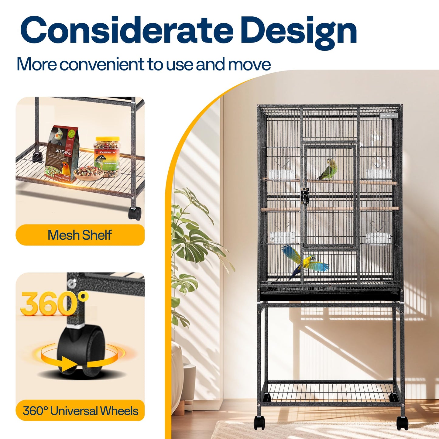 VIVOHOME 54 Inch Wrought Iron Large Bird Flight Cage with Rolling Stand for Parakeets Canaries Cockatiels Lovebirds Conures, Black