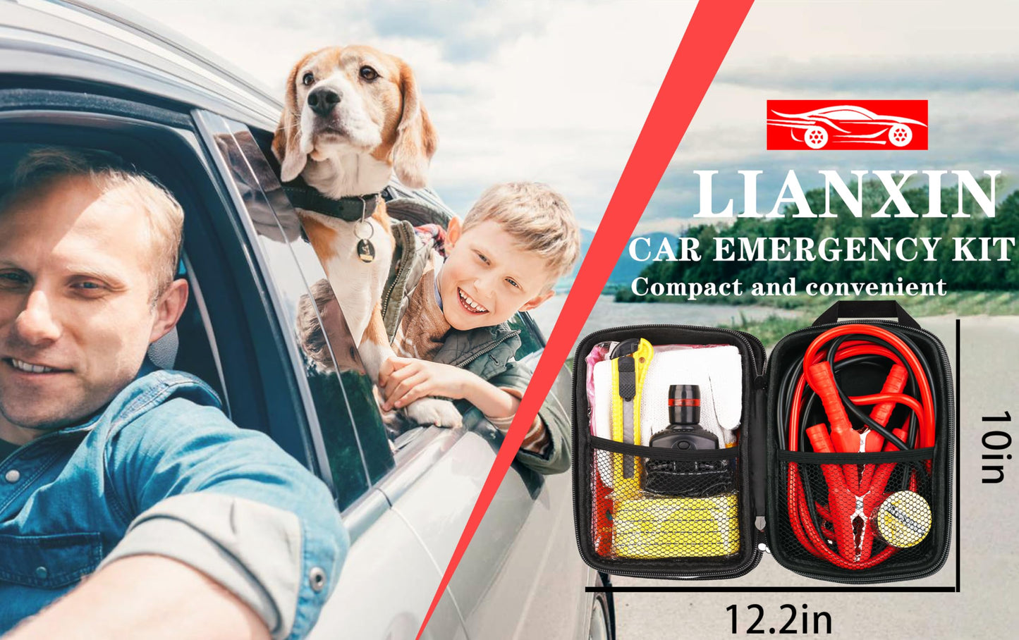 Car Roadside Emergency Kit, with Jumper Cables Automotive Kit,Car Safety Roadside Assistance Kit Headlamp,Tow Straps, Safety Hammers, Rainwear, Gloves.Black