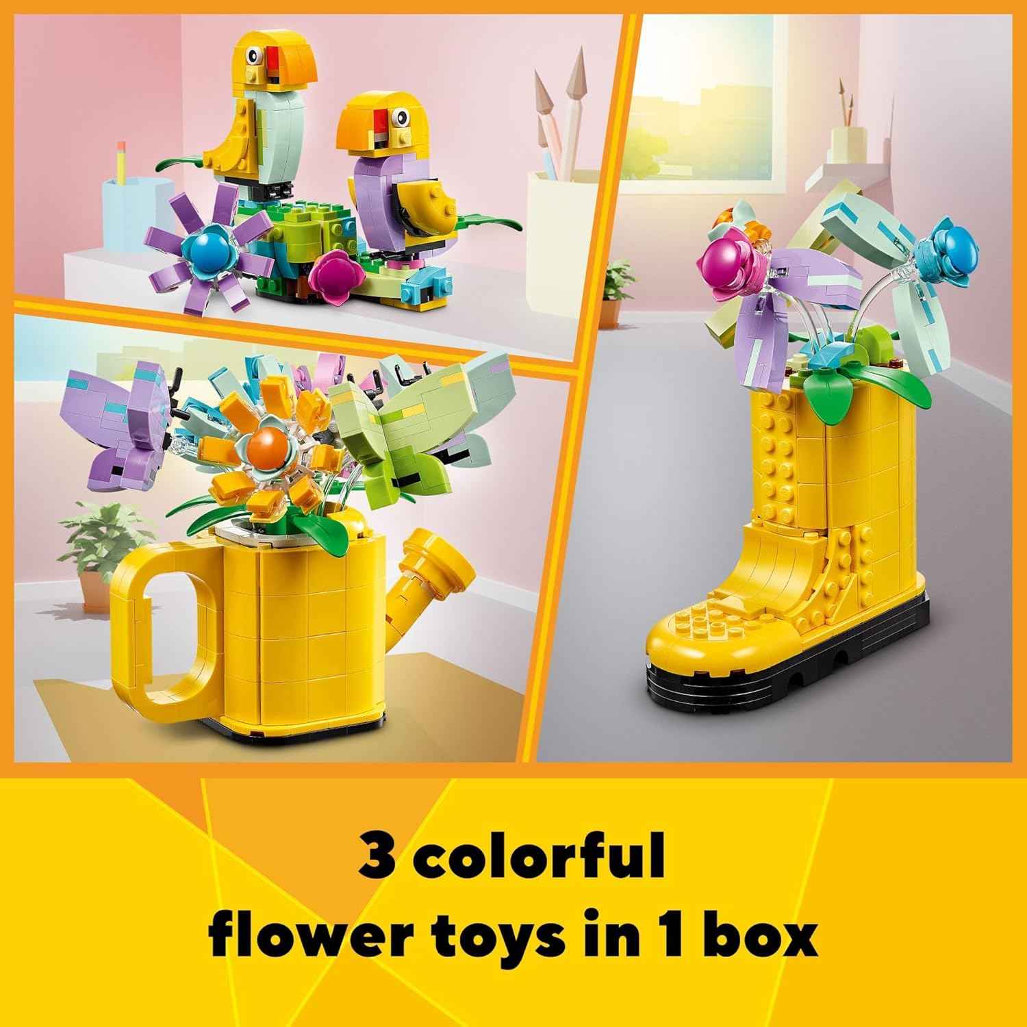 LEGO Creator 3 in 1 Flowers in Watering Can Building Toy Set - Fun, Creative Activity for Kids, Girls and Boys, Ages 8+ - Building Options for Rain Boots or Birds - Cute Birthday Gift Idea - 31149
