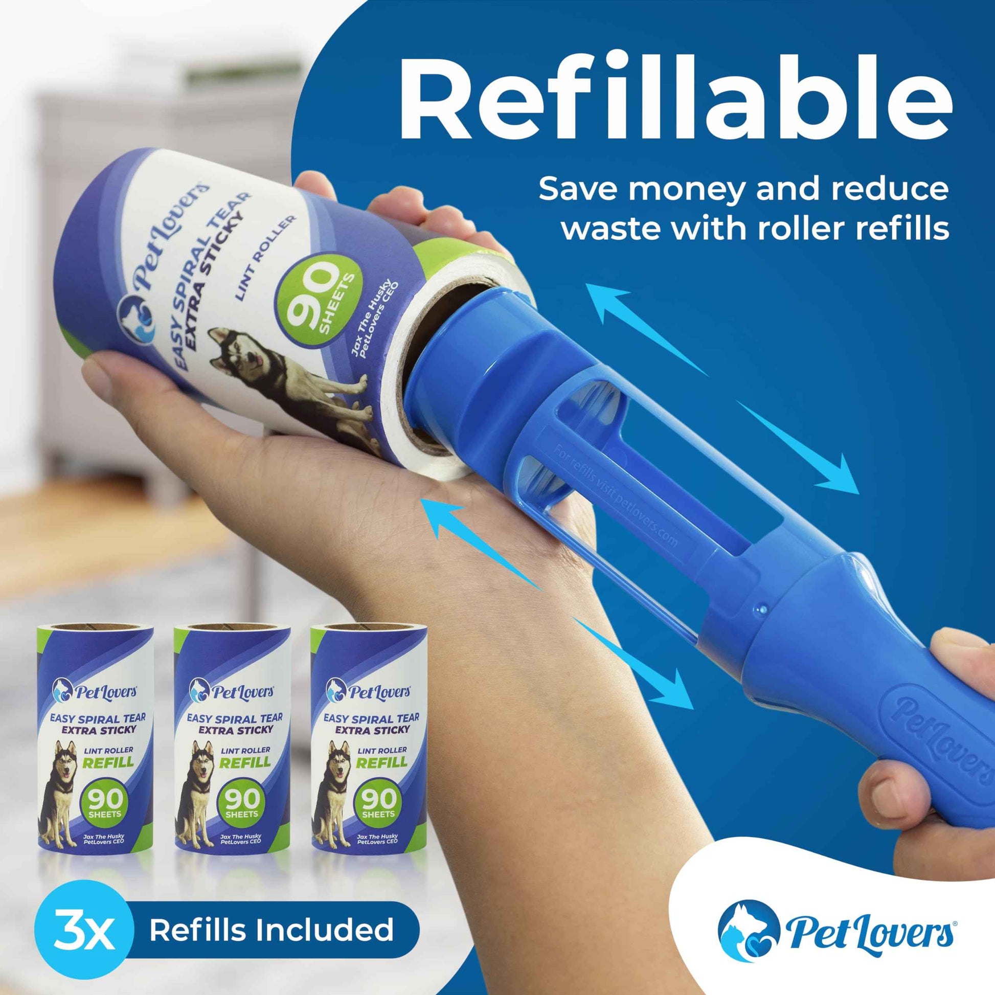 PetLovers Extra Sticky Lint Roller Mega Value Set 450 Sheets for Pet Hair Removal and Clothes, Dog and Cat Lint Remover 5 Pack