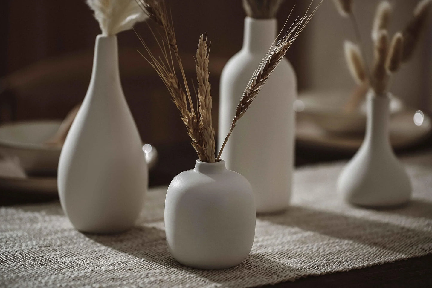 Set of 8 White Ceramic Vases for Dried Pampas Grass Flowers, Aesthetic Boho Modern Decor for Farmhouse Living Room Coffee Table Shelf Fireplace Centerpiece Bedroom Office Desk Home DIY Gifts - Jlhbookstore.store