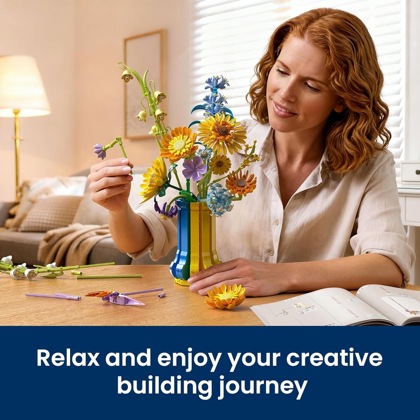 Sunflower Bouquet Building Set for Adults with Vase, Christmas Creative Gift for Women Mom Girlfriends Teens, Buildable Artificial Botanical Flower for Home Office Décor (1147 PCS)