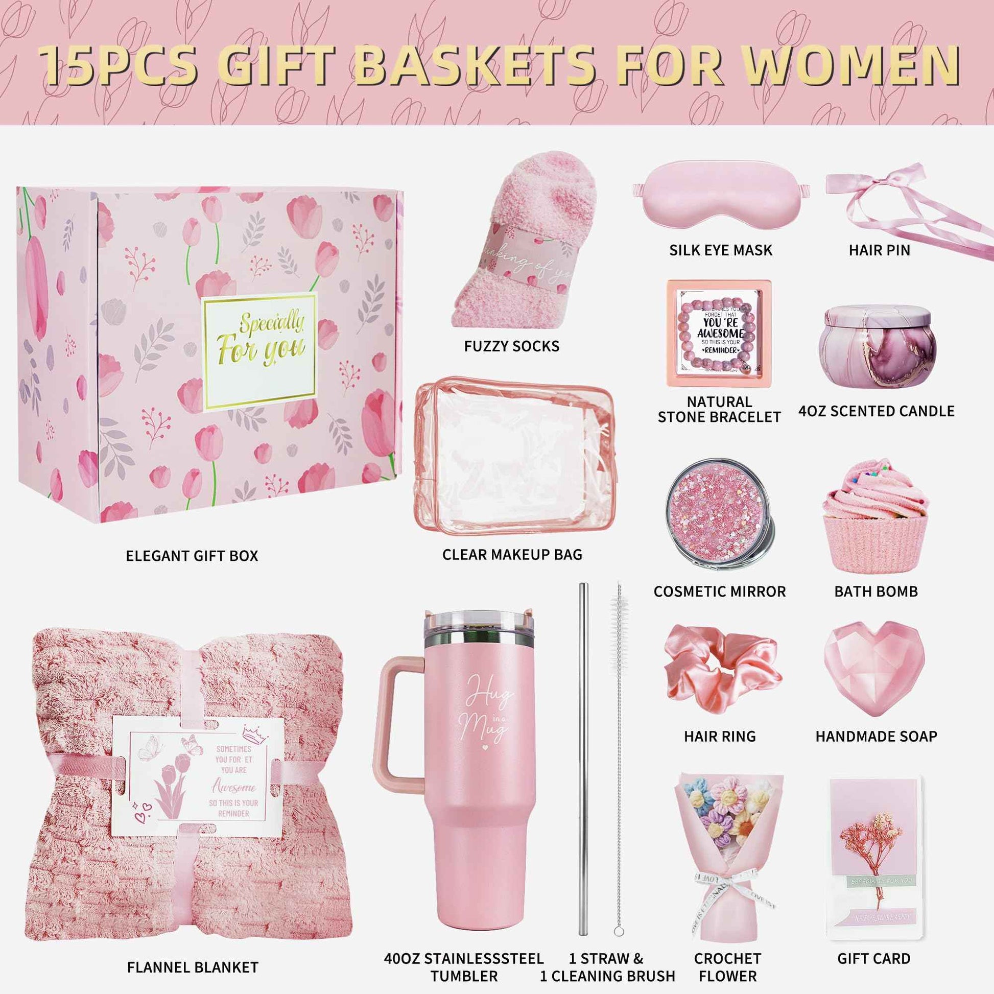 15PCS Birthday Gifts for Women, Relaxing Spa Basket With Luxury Flannel Blanket and 40 oz Tumbler - Care Package for Her, Mom, Wife, Friends - Valentine's, Mother's Day, Christmas