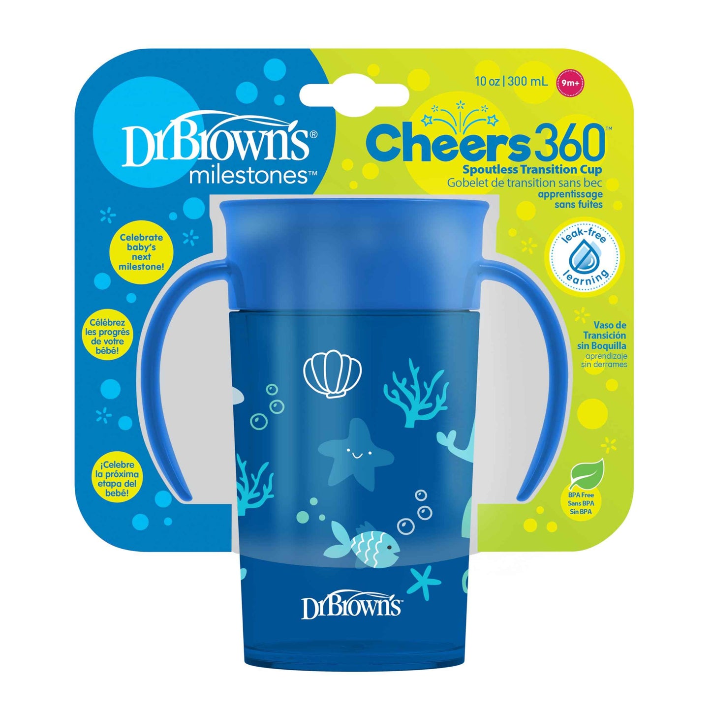 Dr. Brown's Polypropylene (PP) Milestones Cheers 360 Sippy Training Cups for Babies and Toddlers - Blue/Green - 10oz - 2-Pack - 9m+