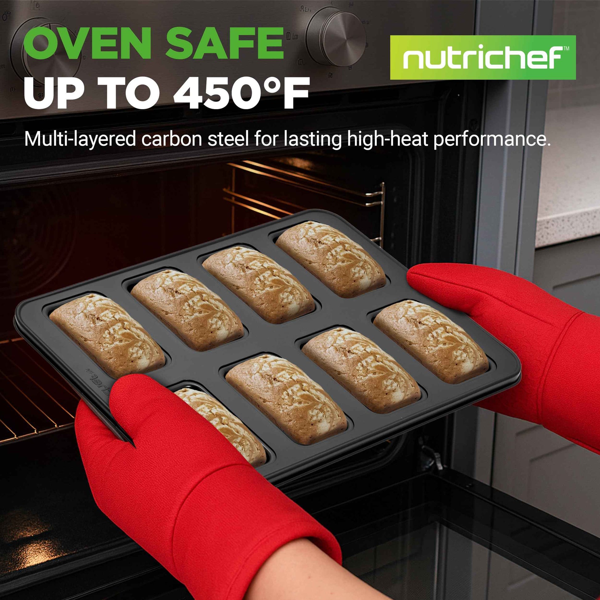 NutriChef 3-Piece Nonstick Kitchen Oven Baking Pans - Premium & Stylish Non-Stick Steel, Commercial Grade Restaurant Quality Metal Bakeware with Red Silicone Handles - Easy to Clean, NCSBS3S