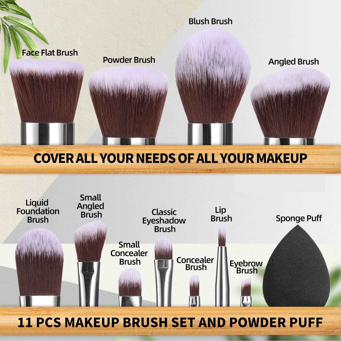 BS-MALL Makeup Brush Set 11Pcs Bamboo Synthetic Kabuki Brush Set Foundation Powder Blending Concealer Eye shadows Blush Cosmetics Brushes with Organizer Bag & Makeup Sponge (Bamboo 11)