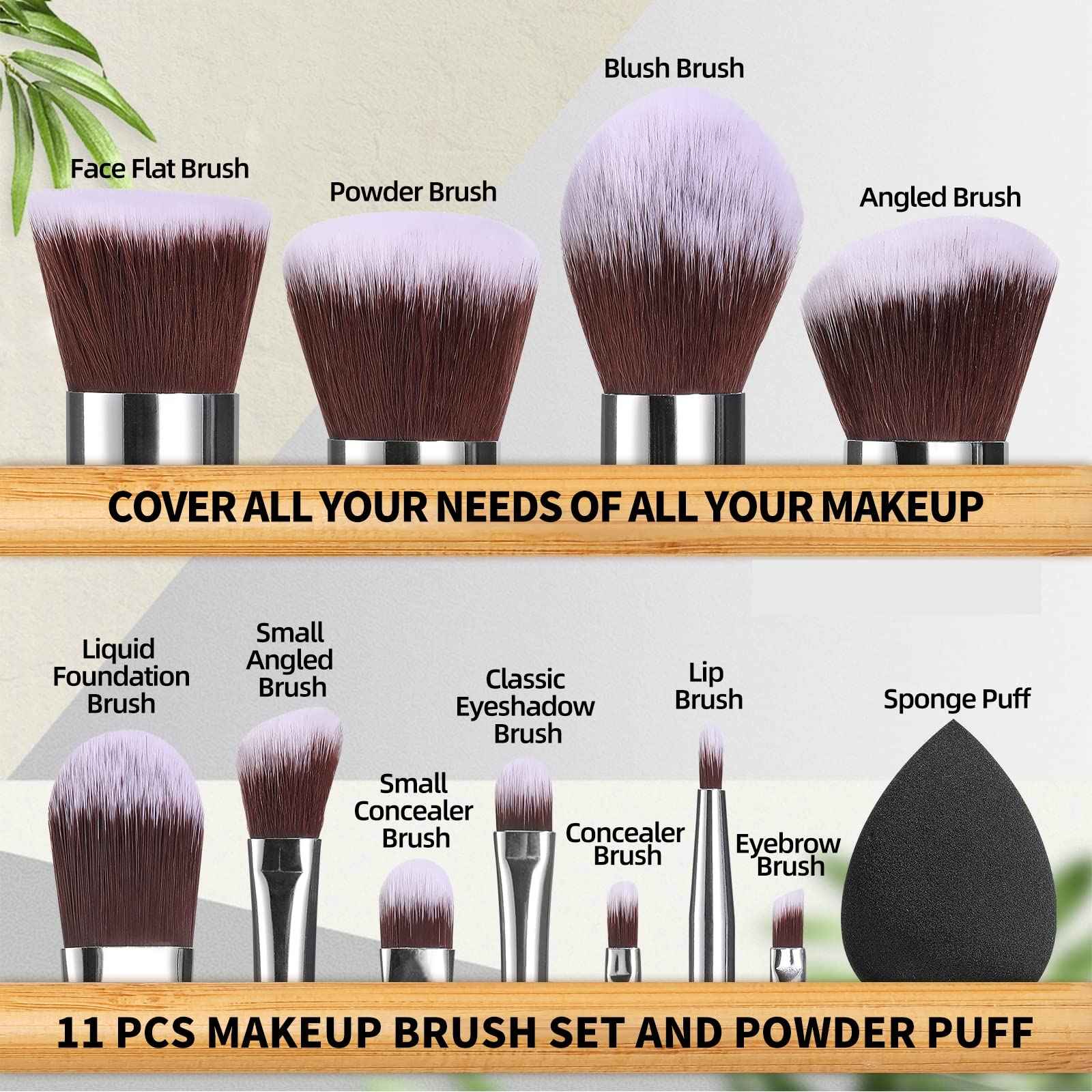BS-MALL Makeup Brush Set 11Pcs Bamboo Synthetic Kabuki Brush Set Foundation Powder Blending Concealer Eye shadows Blush Cosmetics Brushes with Organizer Bag & Makeup Sponge (Bamboo 11)