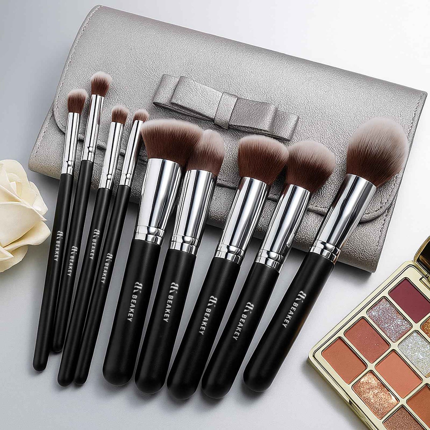 BEAKEY Makeup Brushes Set, Professional Foundation Eyeshadow Concealer Blush Powder Bronzer Applicator, 2 Blender Sponge with Beauty Paper Case stocking stuffers