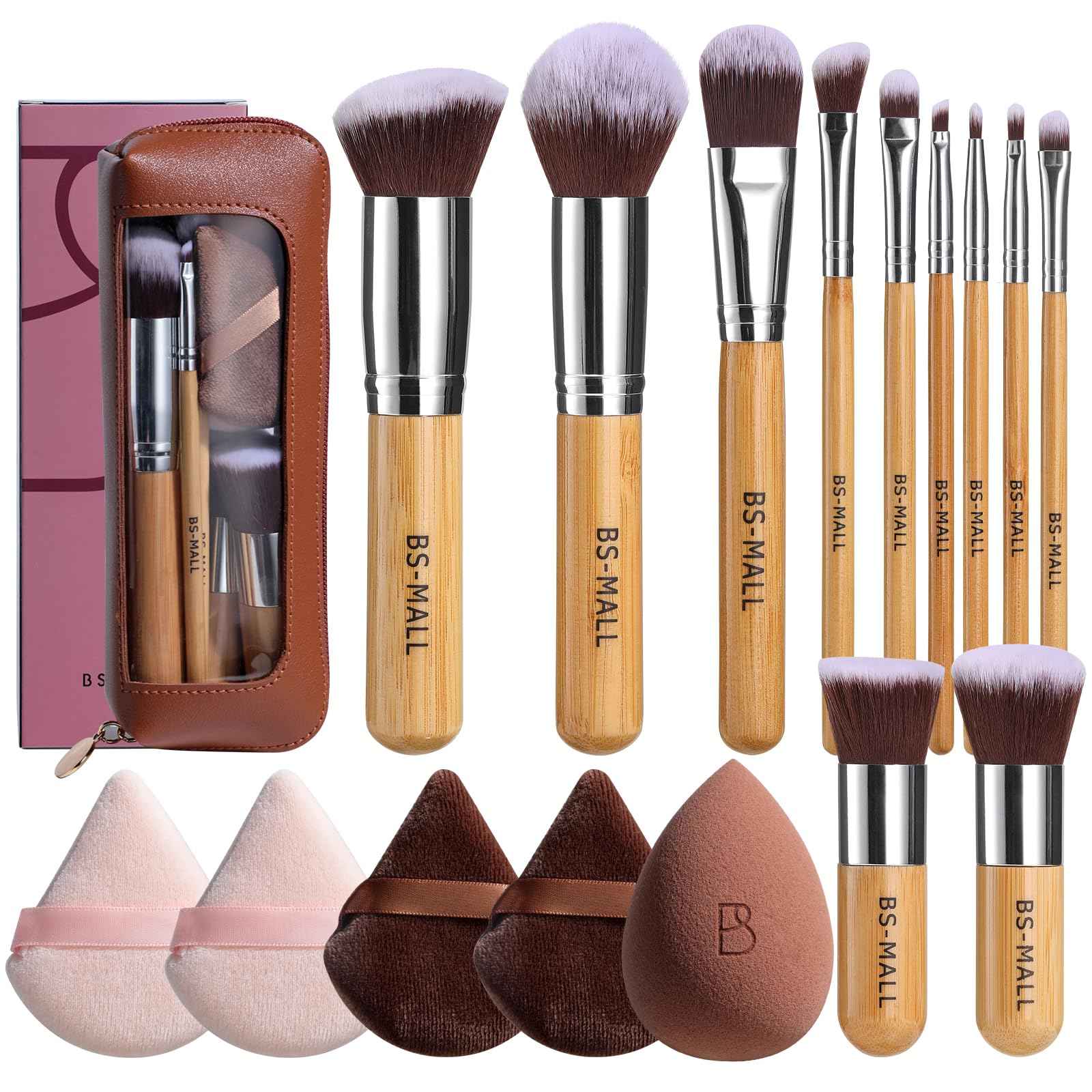 BS-MALL Makeup Brush Set 11Pcs Bamboo Synthetic Kabuki Brush Set Foundation Powder Blending Concealer Eye shadows Blush Cosmetics Brushes with Organizer Bag & Makeup Sponge (Bamboo 11)