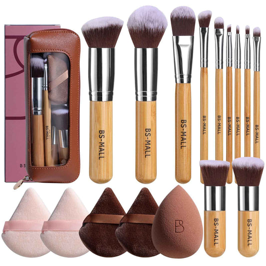 BS-MALL Makeup Brush Set 11Pcs Bamboo Synthetic Kabuki Brush Set Foundation Powder Blending Concealer Eye shadows Blush Cosmetics Brushes with Organizer Bag & Makeup Sponge (Bamboo 11)