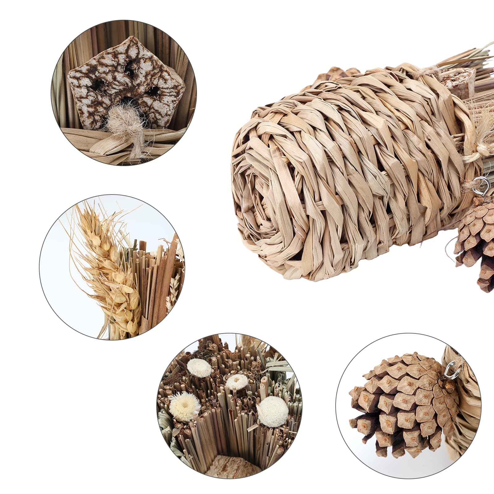 Natural Bird Chew Toys Shreddable Toys Made of Seagrass, Timothy Grass & Corn Leaves with Wood Hook for Cockatiels, Parakeets, Small Medium Birds (Pinecone Woven Basket)