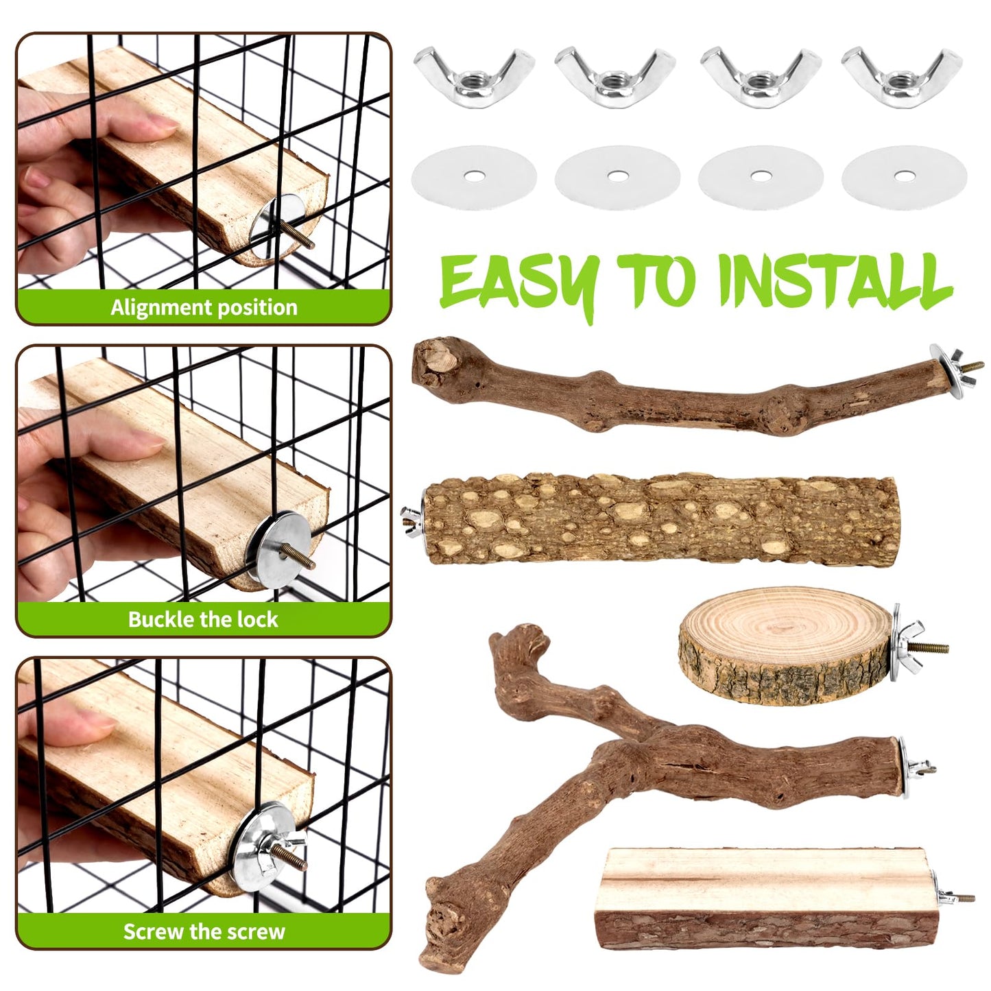 Natural Wood Bird Perches for Cage, Parrot Perch Stand & Platform, Bird Cage Accessories for Parakeets, Cockatiels, Conures, Lovebirds (Brown, Core Perch & Platform - 8PCS)