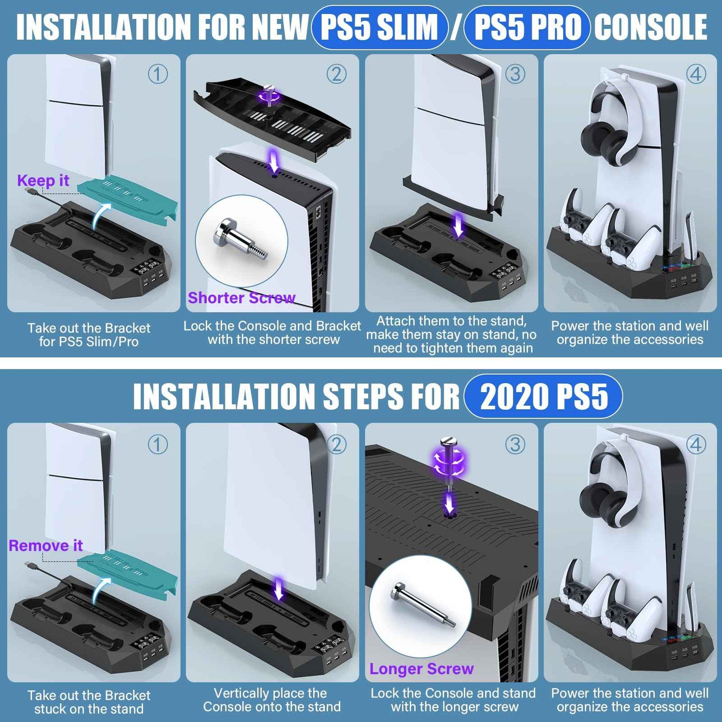 PS5/PS5 Slim/PS5 Pro Stand and Cooling Station with Dual Controller Charging Station for PlayStation 5 Console, PS5 Accessories Incl. Controller Charger, Cooling Fan, Headset Holder, 3 USB Hub, White