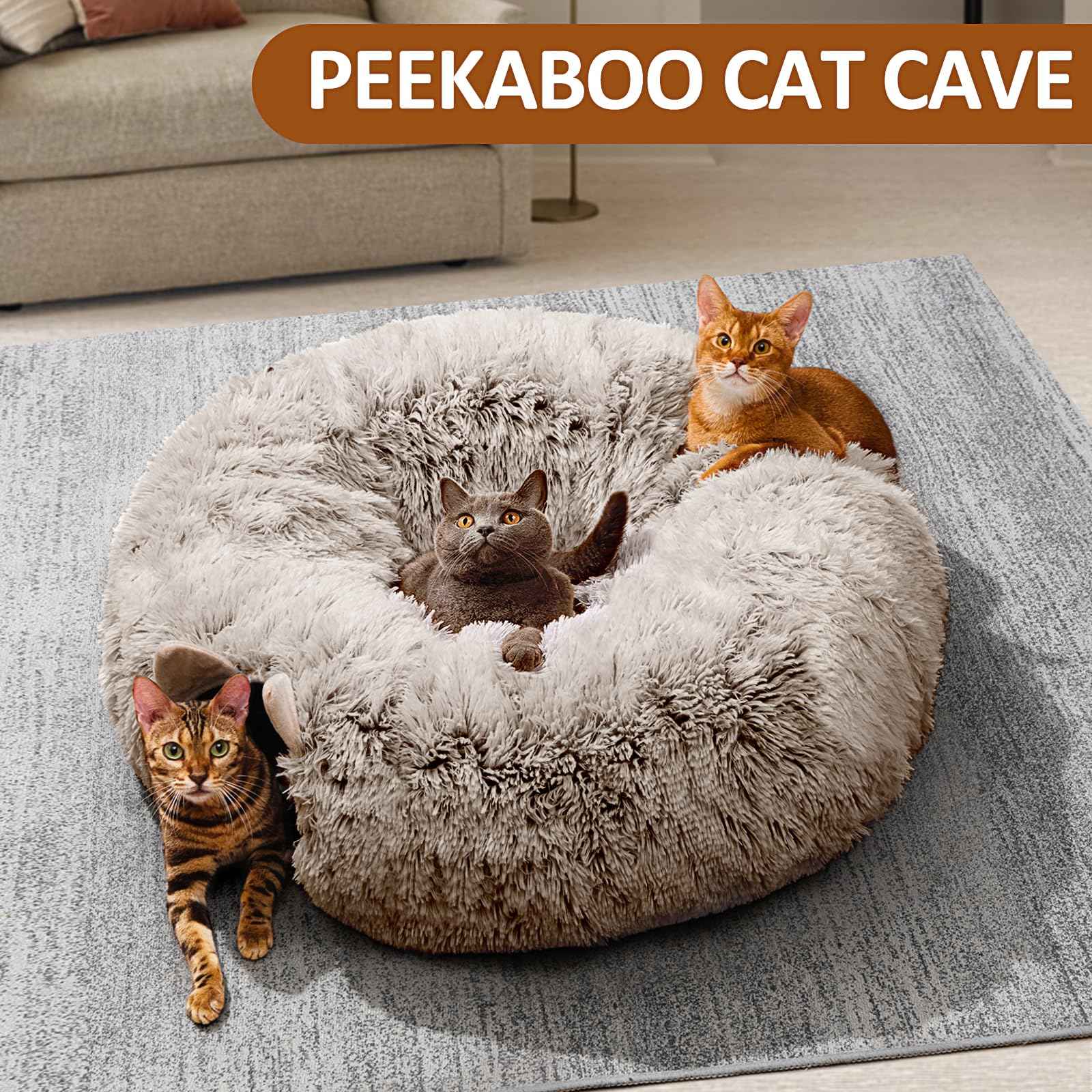 Cat Tunnel with Cat Bed for Indoor Cats, Under Christmas Tree Soft Plush Peekaboo Cat Cave Donut Tunnel, Multifunctional Playground Toys Hideplace for Kittens, Rabbit, Ferret (Grey)