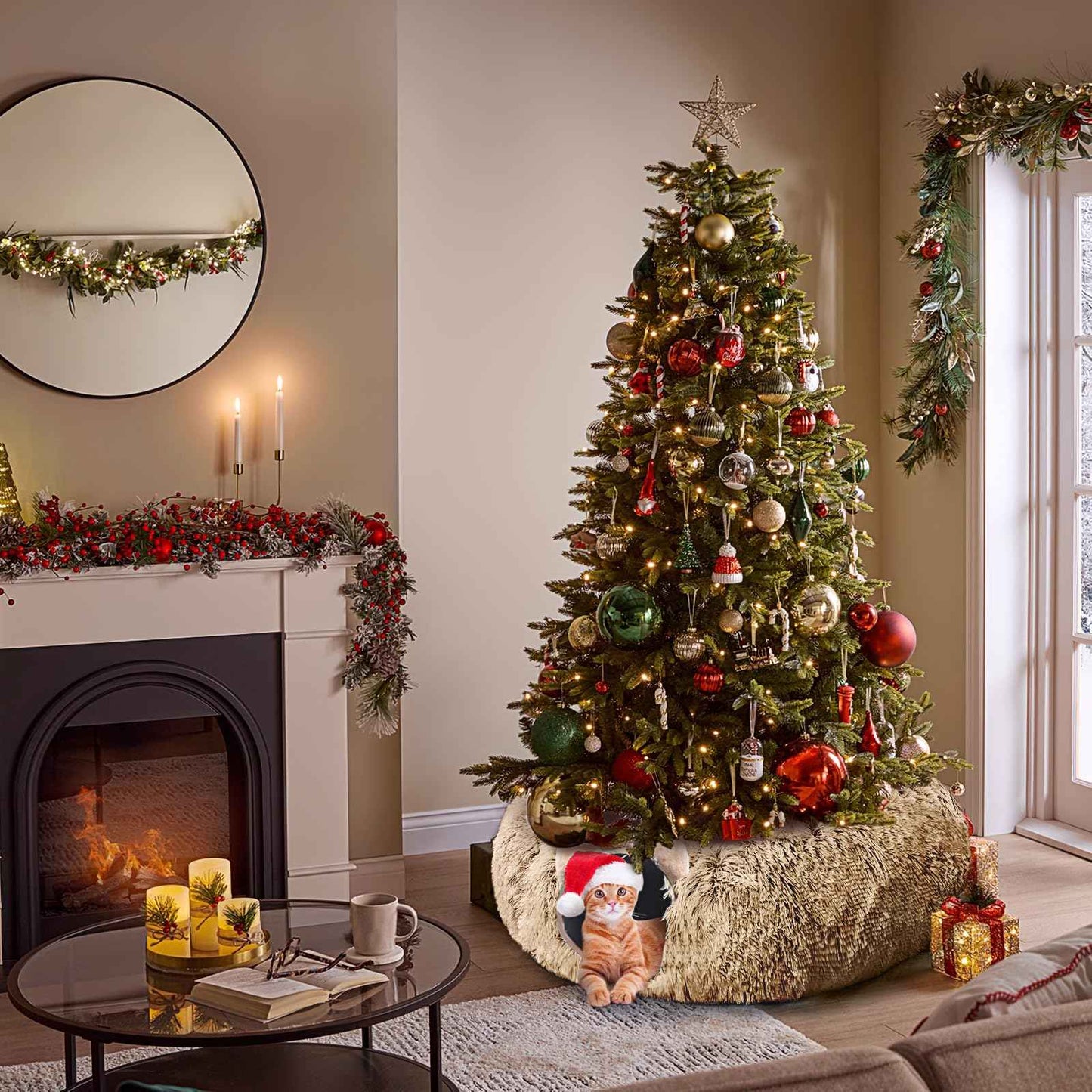 Cat Tunnel with Cat Bed for Indoor Cats, Under Christmas Tree Soft Plush Peekaboo Cat Cave Donut Tunnel, Multifunctional Playground Toys Hideplace for Kittens, Rabbit, Ferret (Grey)