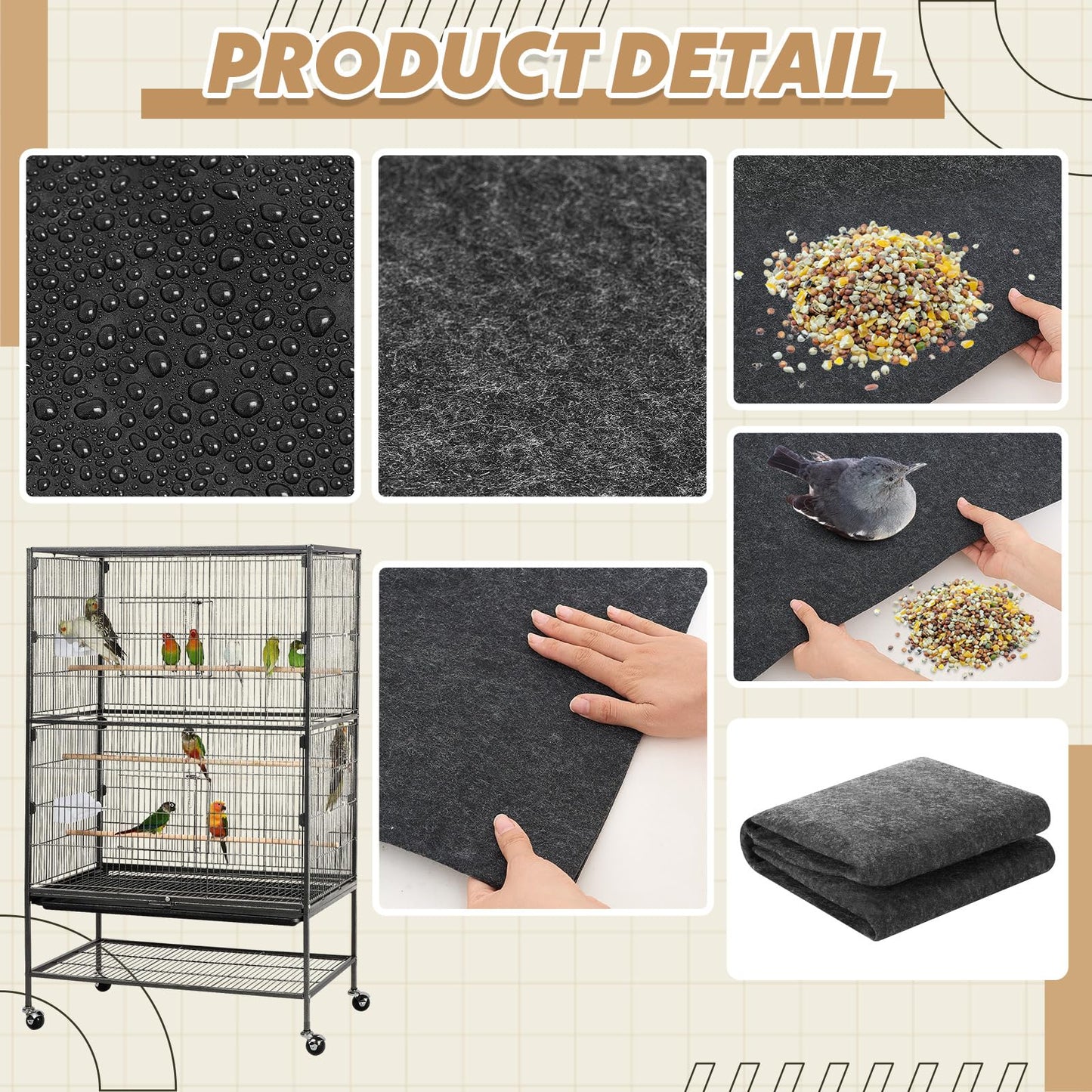 Nuanchu Large Bird Cage Mat, 48 x 36 Inch Under Pet Cage Mat, Absorbent/Waterproof Felt Pad for Bird Cages, Reptile Aquariums, Dog Kennels, with Non-Slip Backing for Hard Floors and Surfaces