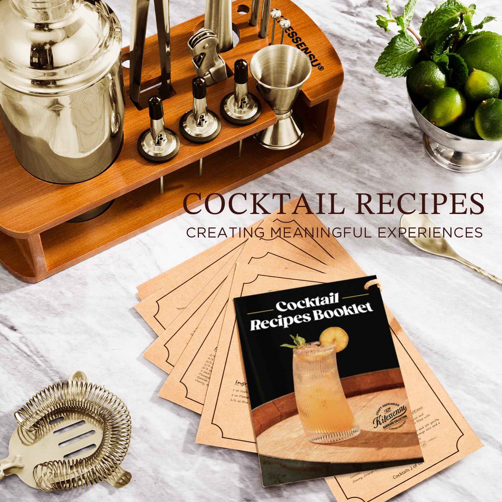 KITESSENSU Cocktail Shaker Set Bartender Kit with Stand | Bar Set Drink Mixer Set with All Essential Accessory Tools: Martini Shaker, Jigger, Strainer, Mixer Spoon, Muddler, Liquor Pourers |Silver