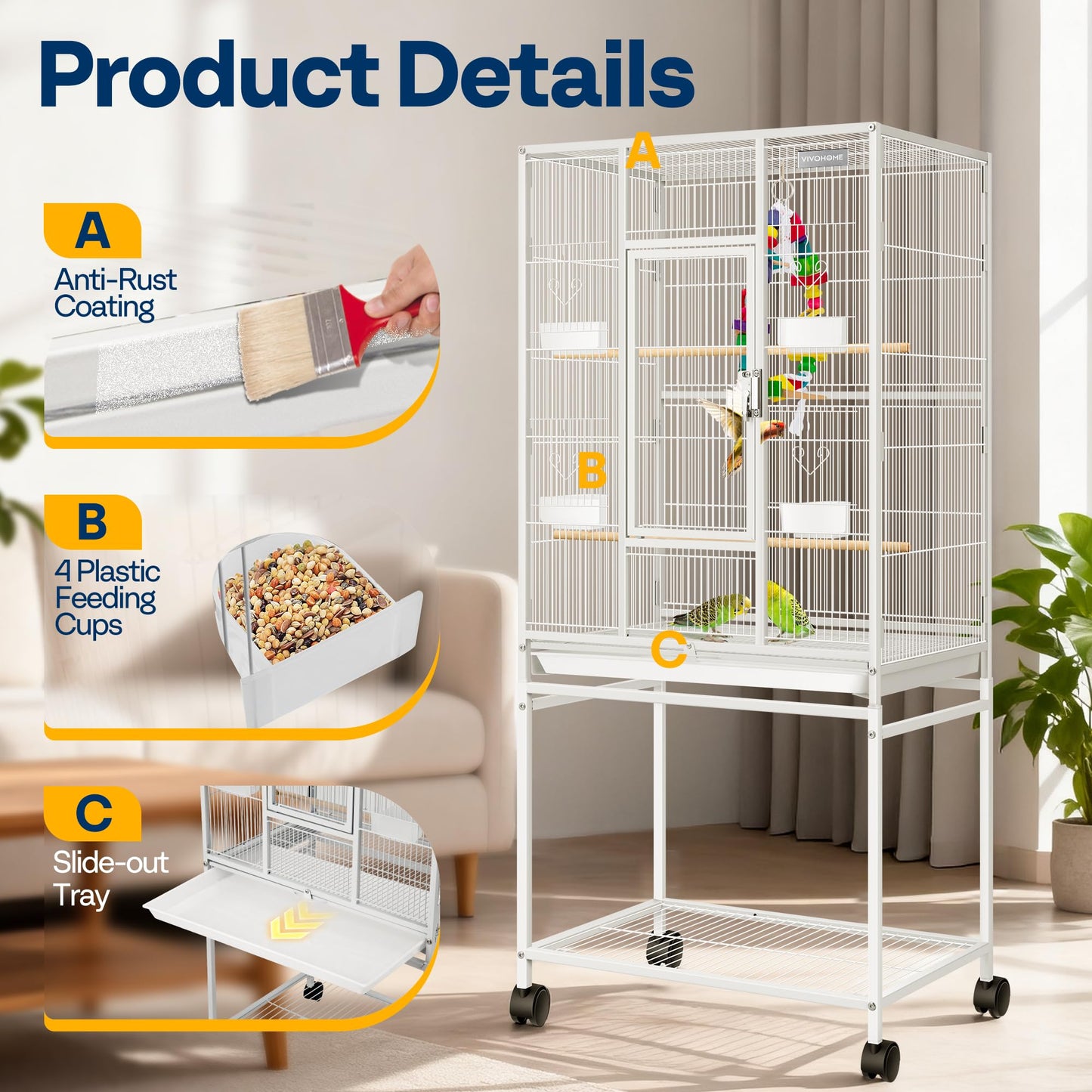 VIVOHOME 54 Inch Wrought Iron Large Bird Flight Cage with Rolling Stand for Parakeets Canaries Cockatiels Lovebirds Conures, Black